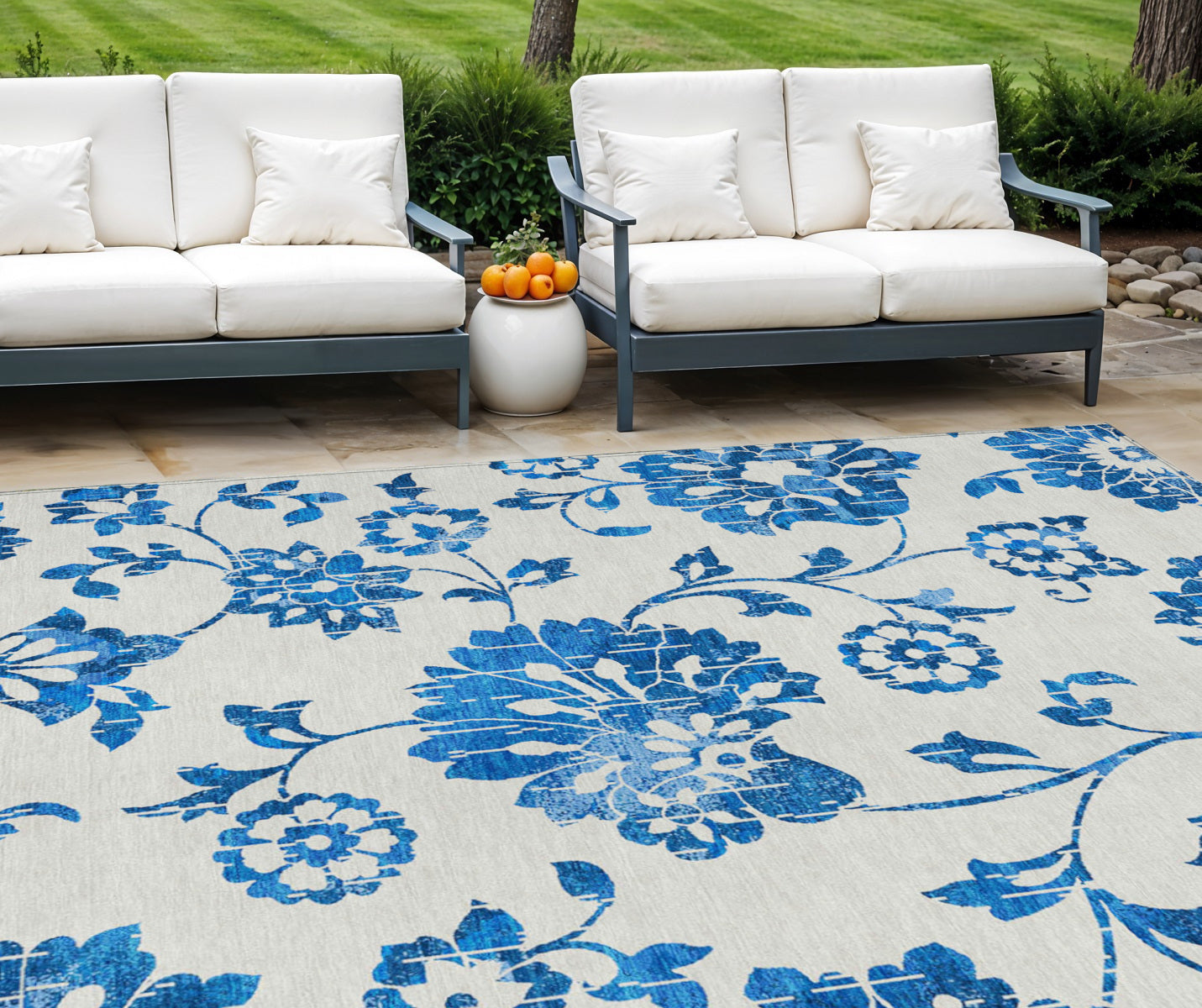 9 X 12 White And Denim Blue Floral Washable Indoor Outdoor Area Rug