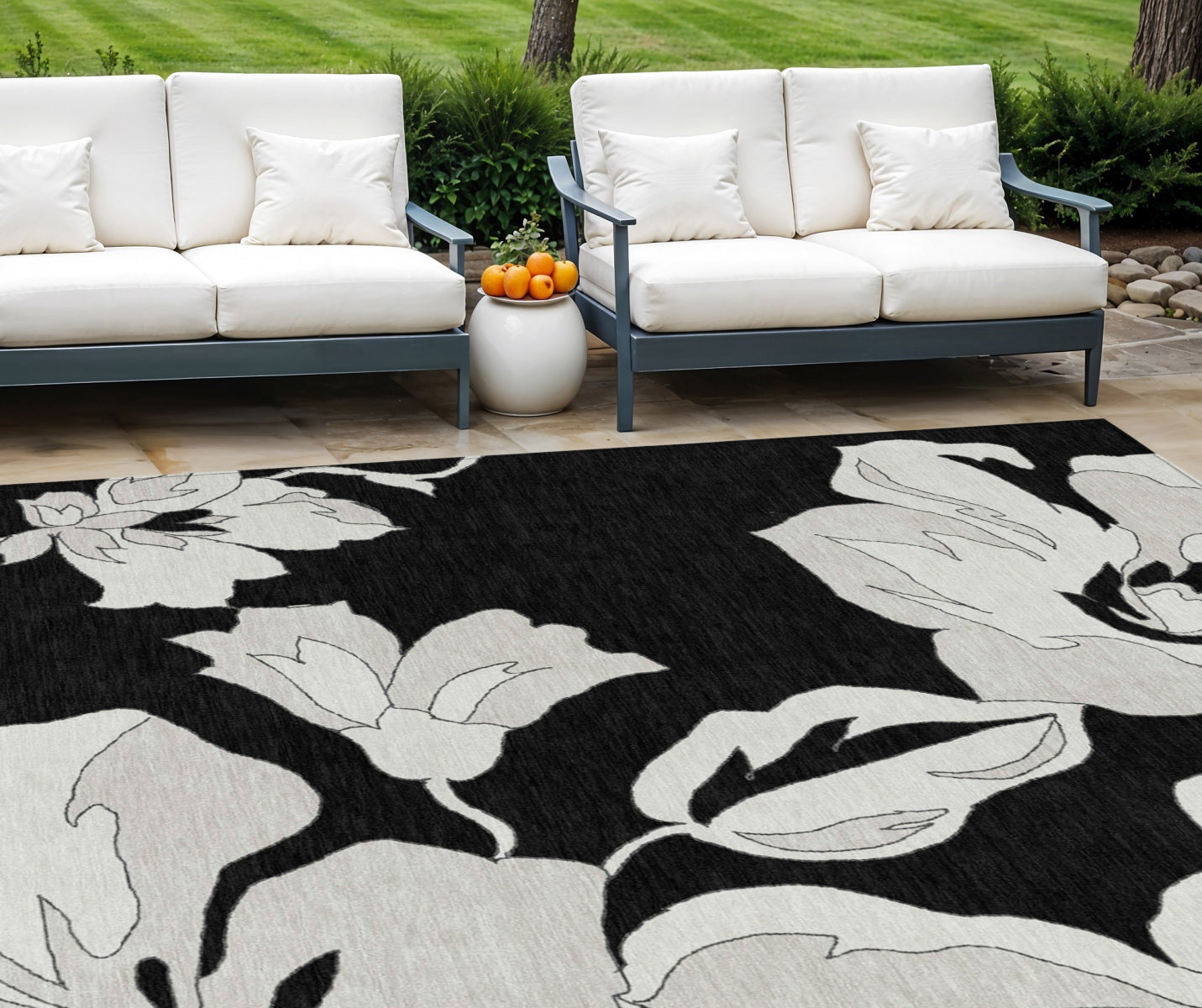 9 X 12 Black Gray And Silver Floral Washable Indoor Outdoor Area Rug