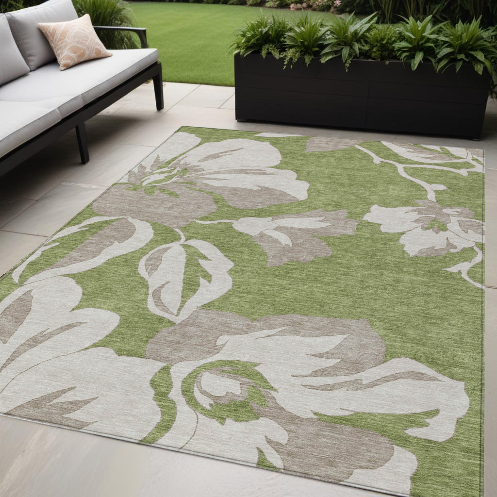 5 X 8 Olive Green Taupe And Beige Floral Washable Indoor Outdoor Area Rug