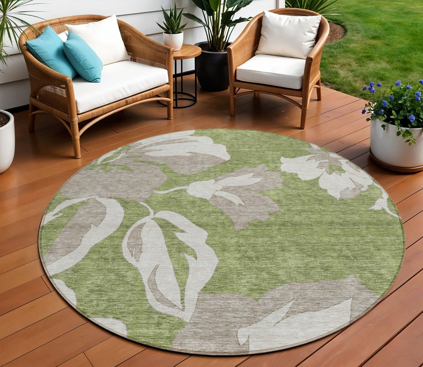8 Olive Green Taupe And Beige Round Floral Washable Indoor Outdoor Area Rug