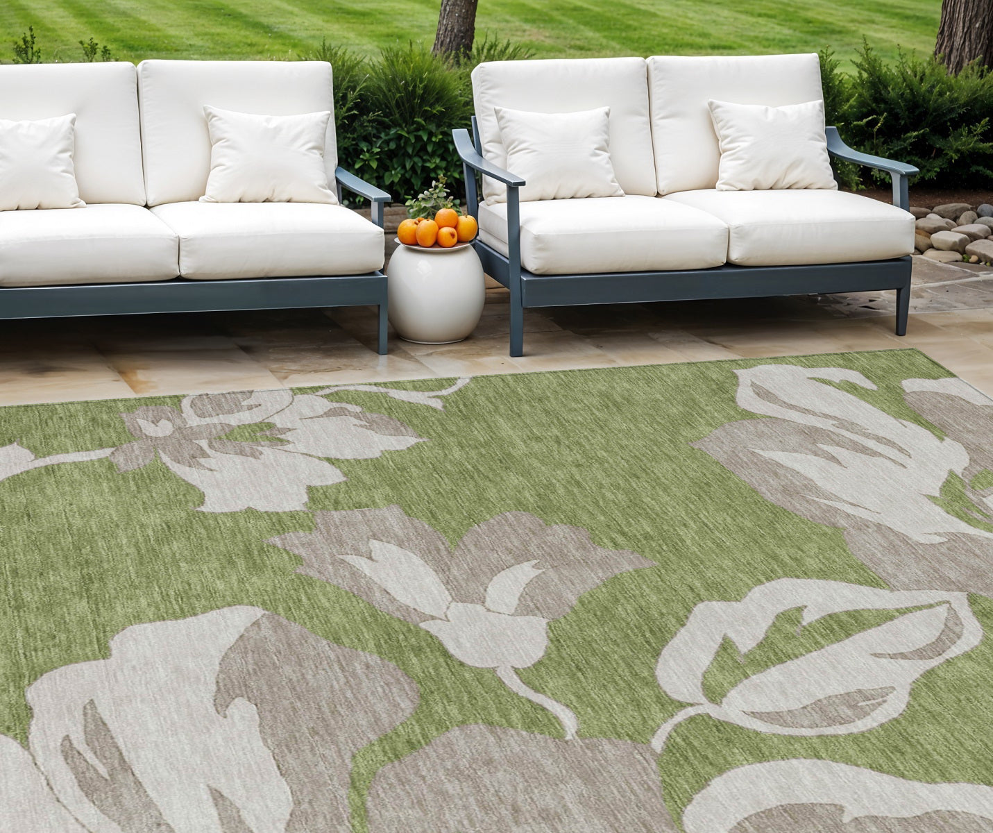 9 X 12 Olive Green Taupe And Beige Floral Washable Indoor Outdoor Area Rug
