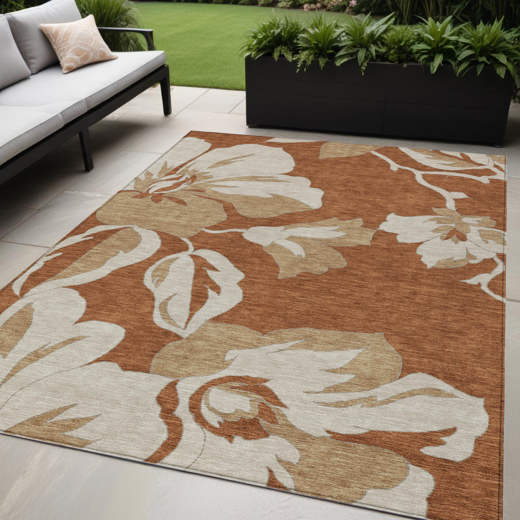 5 X 8 Terra Cotta And Beige Floral Washable Indoor Outdoor Area Rug