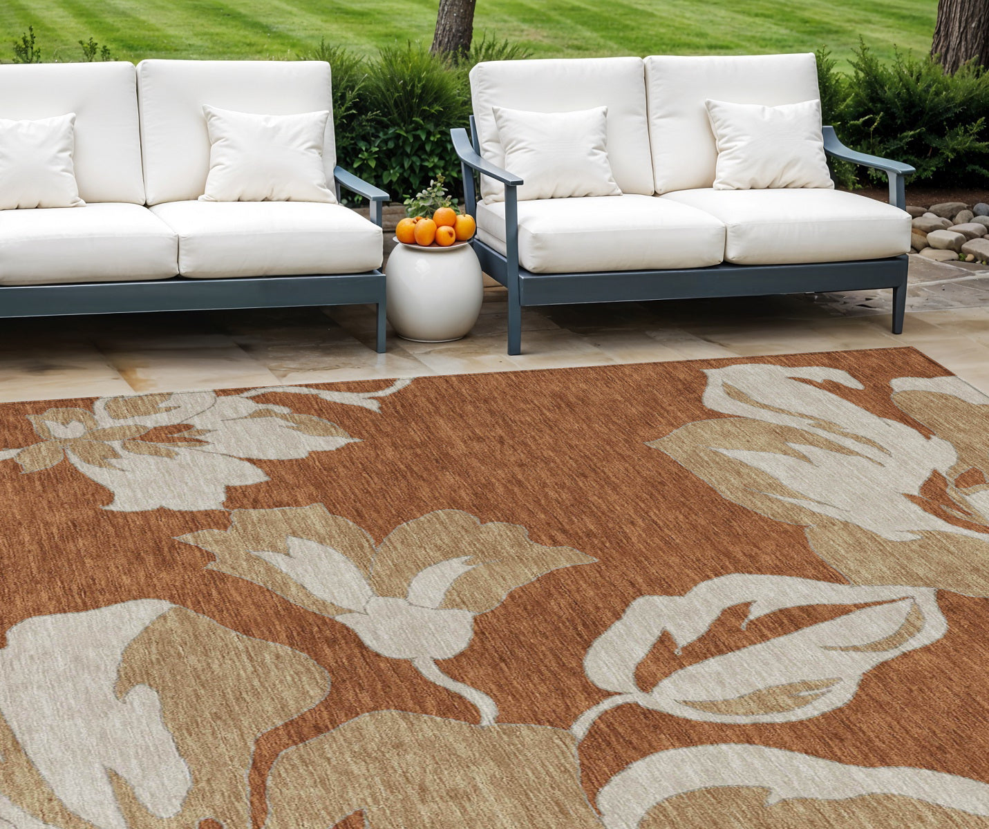 9 X 12 Terra Cotta And Beige Floral Washable Indoor Outdoor Area Rug