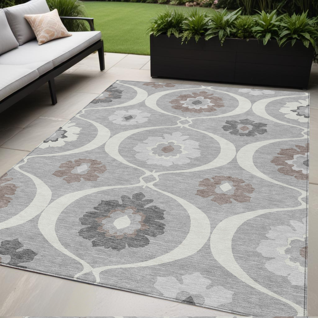 5 X 8 Gray Charcoal And Brown Medallion Washable Indoor Outdoor Area Rug