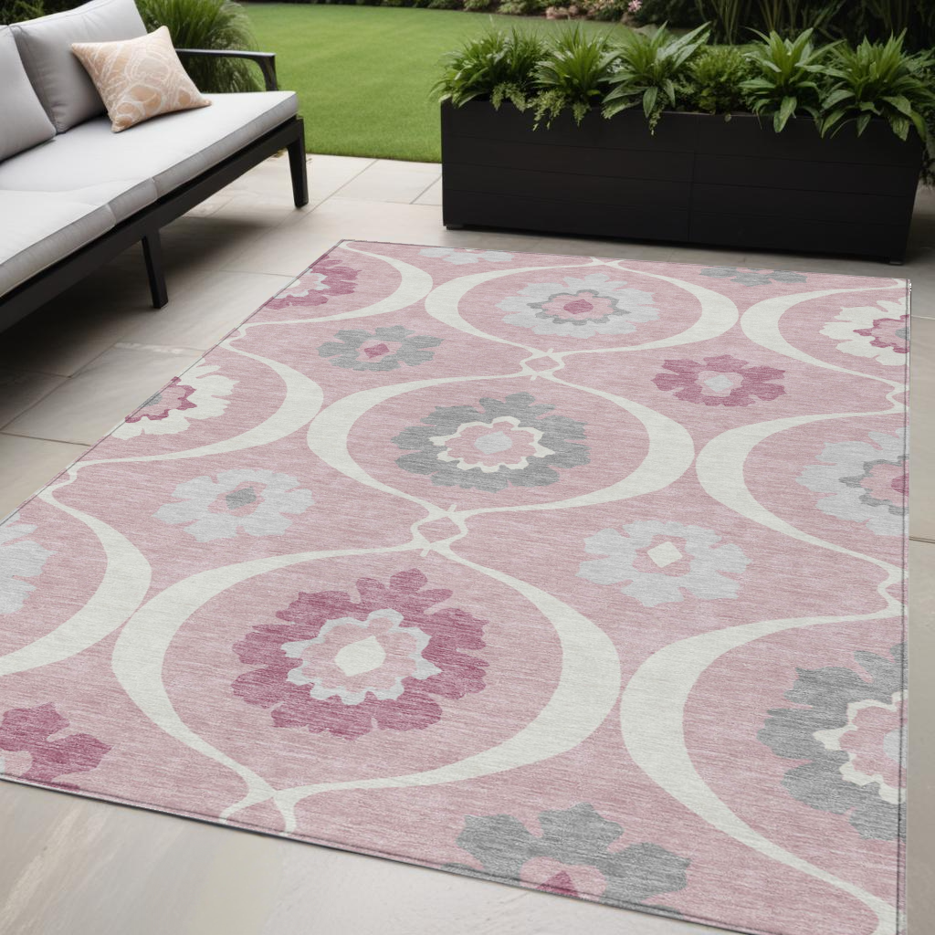 5 X 8 Pink Blush And Gray Medallion Washable Indoor Outdoor Area Rug