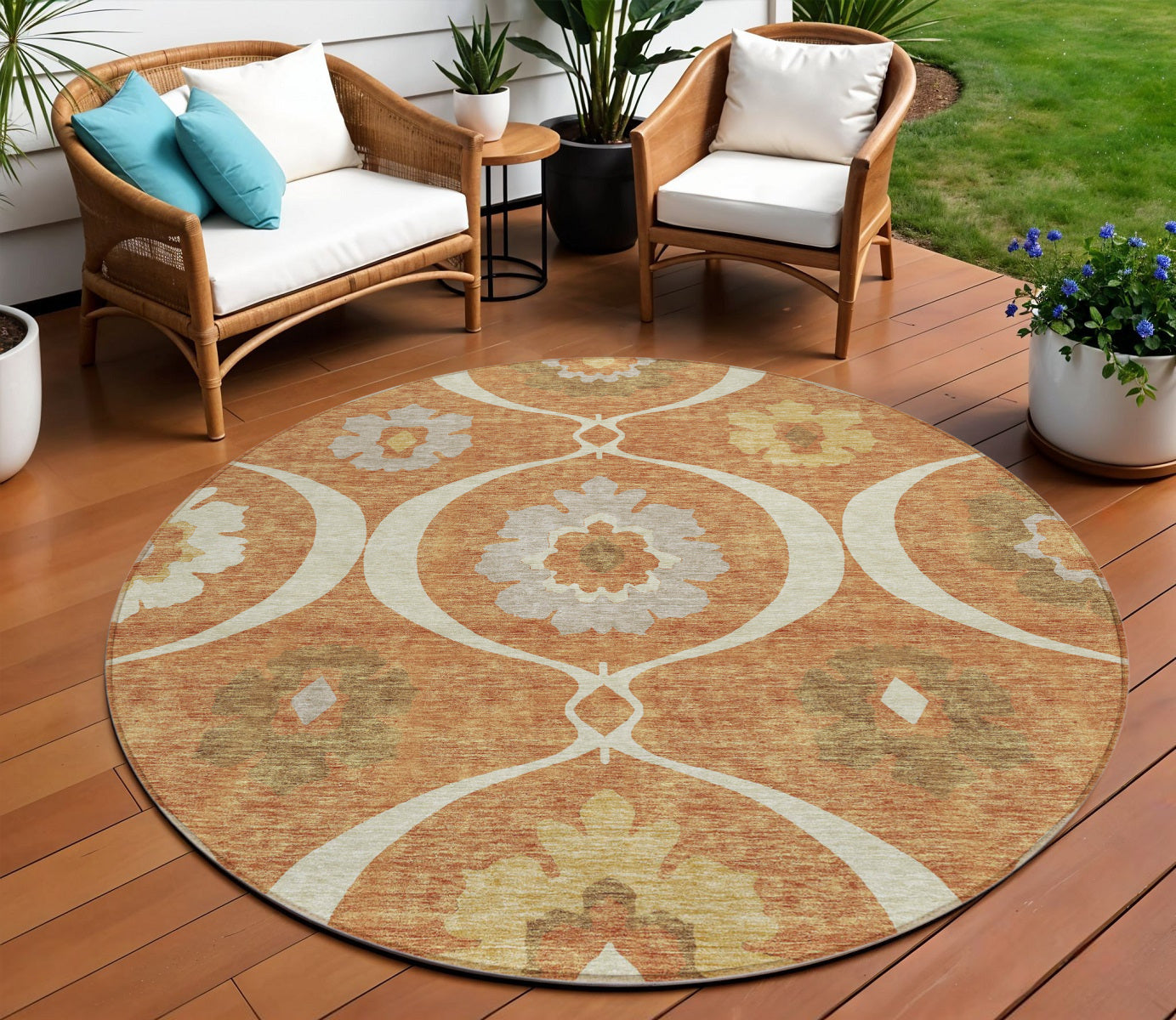 8 Orange Copper And Gray Round Medallion Washable Indoor Outdoor Area Rug