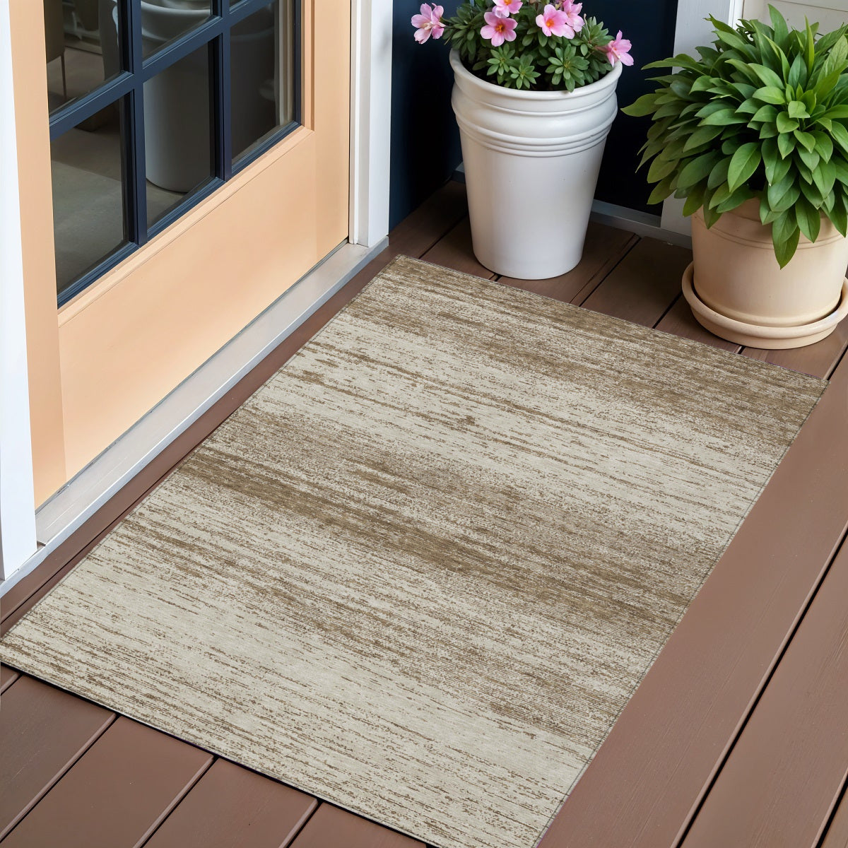3 X 5 Brown And Beige Striped Washable Indoor Outdoor Area Rug