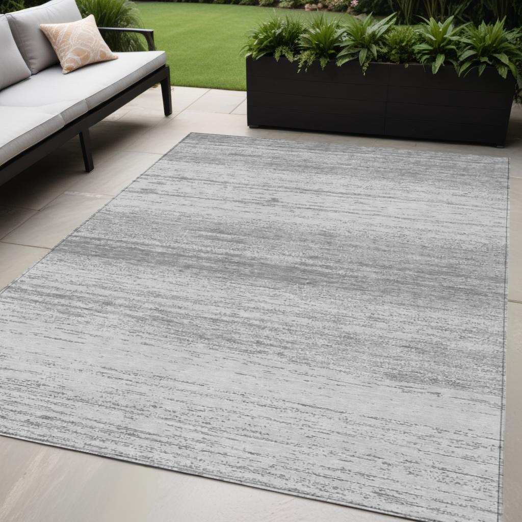 5 X 8 Gray And Silver Striped Washable Indoor Outdoor Area Rug