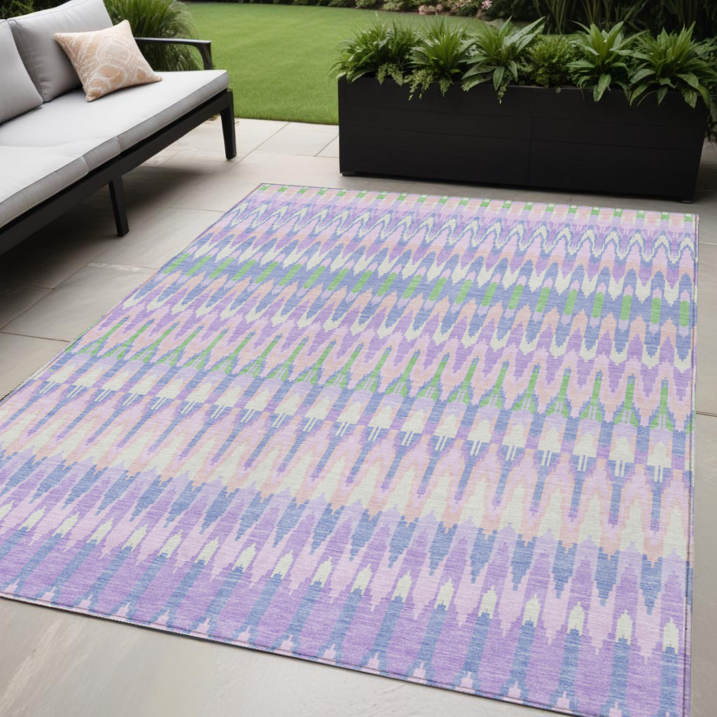 5 X 8 Lavender Pink And Lime Green Southwestern Washable Indoor Outdoor Area Rug