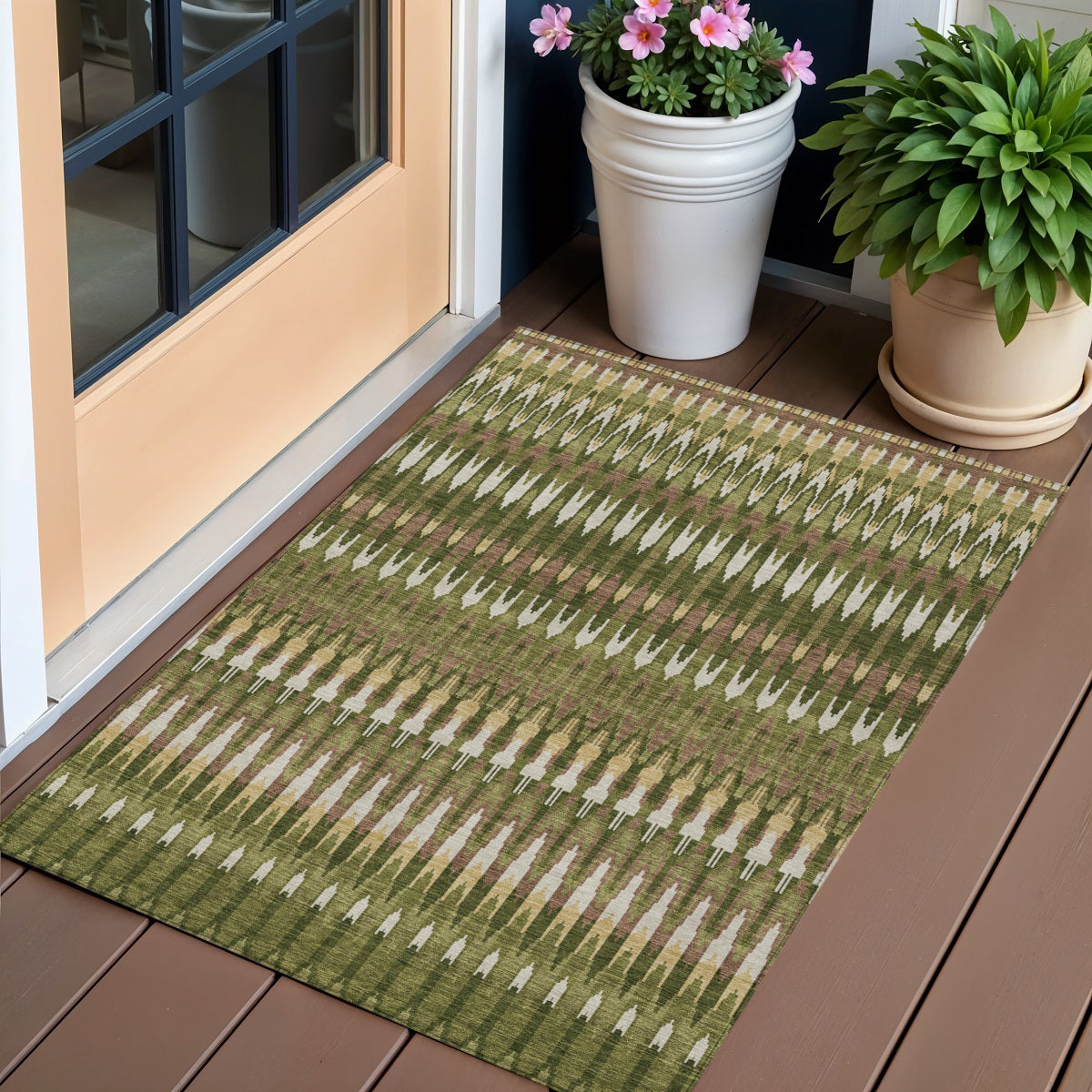 3 X 5 Olive Green Brown And Gold Southwestern Washable Indoor Outdoor Area Rug