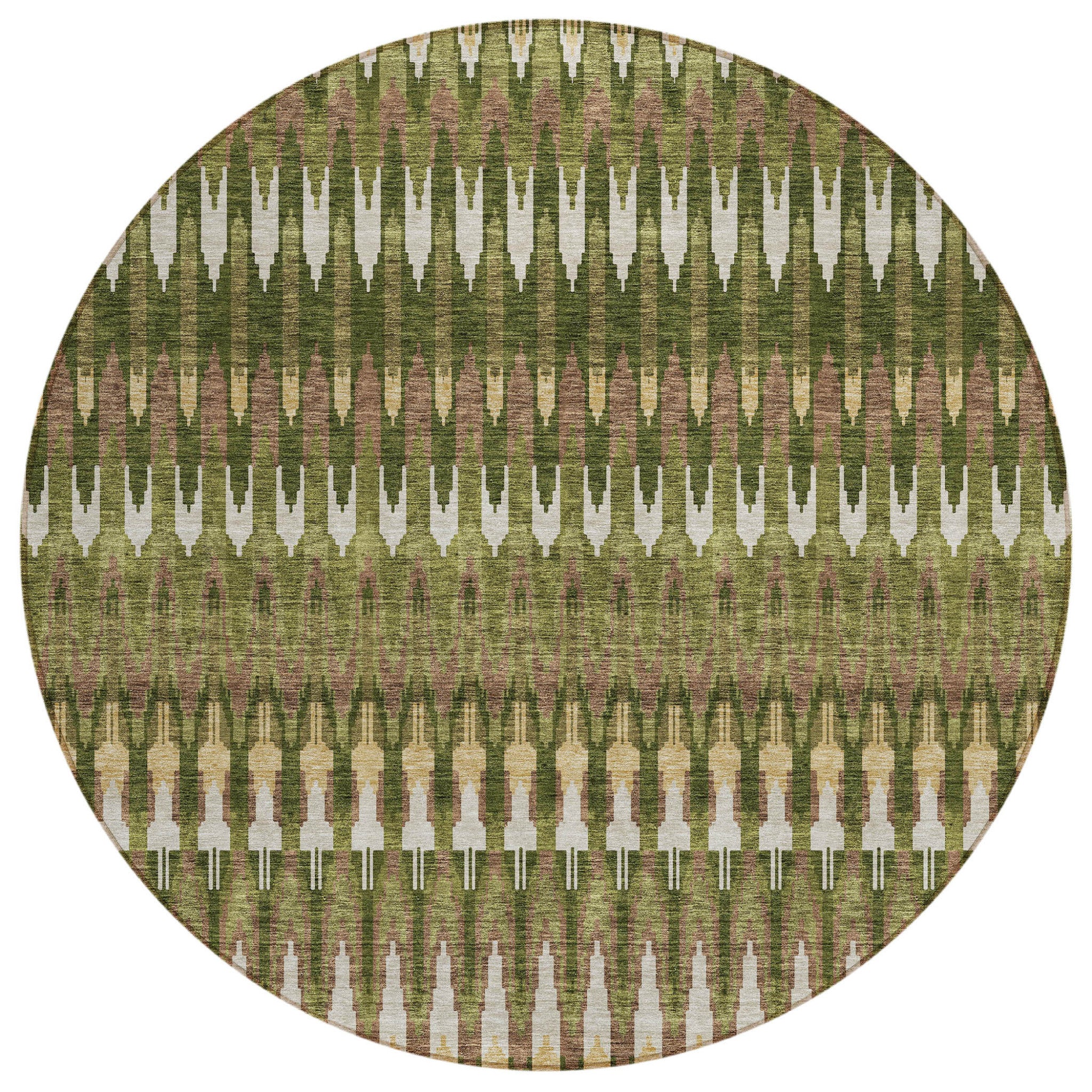 8 Olive Green Brown And Gold Round Southwestern Washable Indoor Outdoor Area Rug