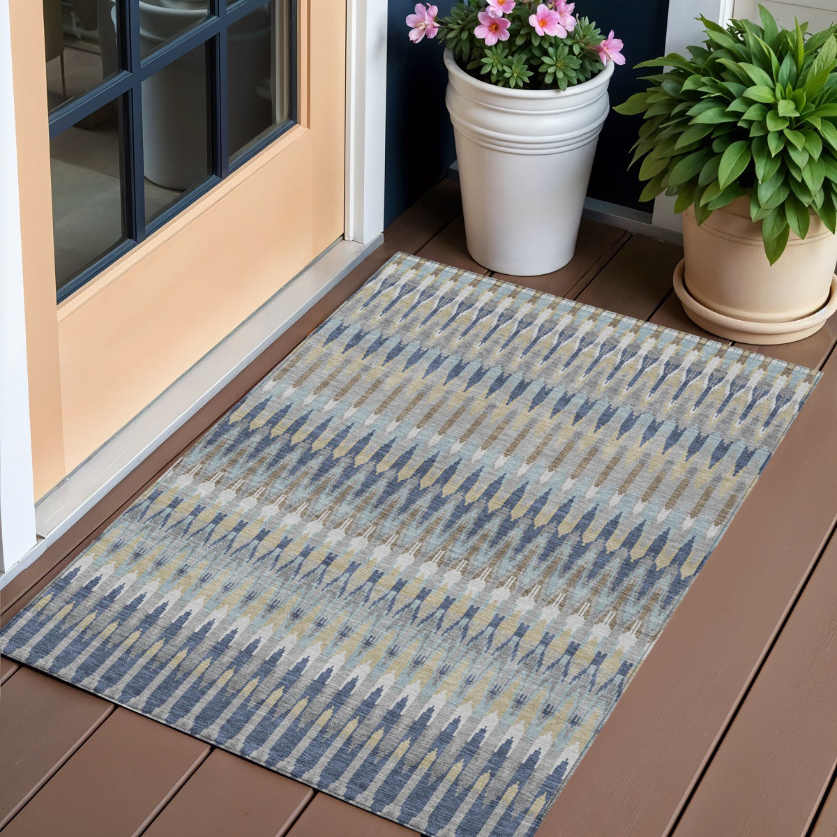 3 X 5 Taupe Navy Blue And Denim Blue Southwestern Washable Indoor Outdoor Area Rug