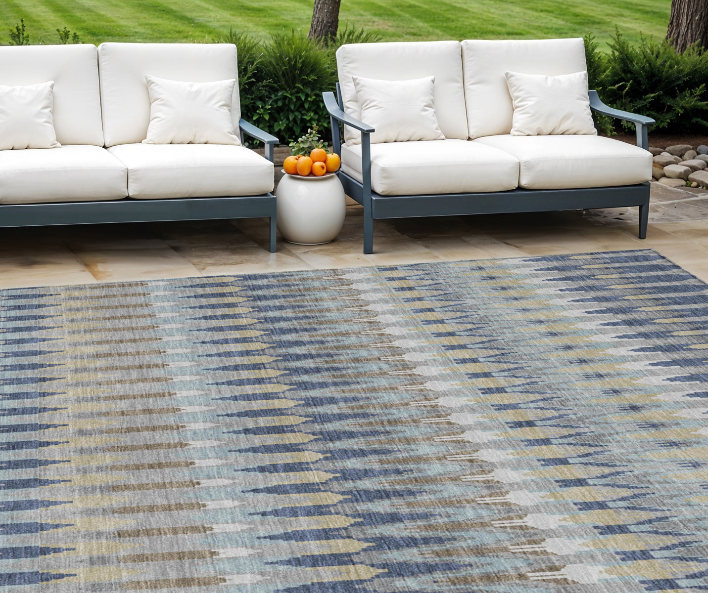 8 X 10 Taupe Navy Blue And Denim Blue Southwestern Washable Indoor Outdoor Area Rug