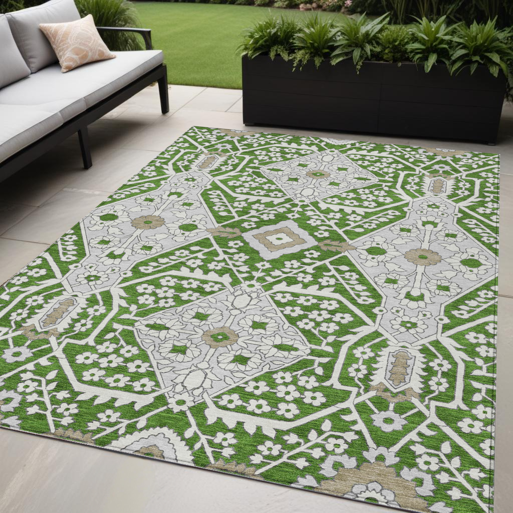 5 X 8 Green Gray And Taupe Floral Washable Indoor Outdoor Area Rug