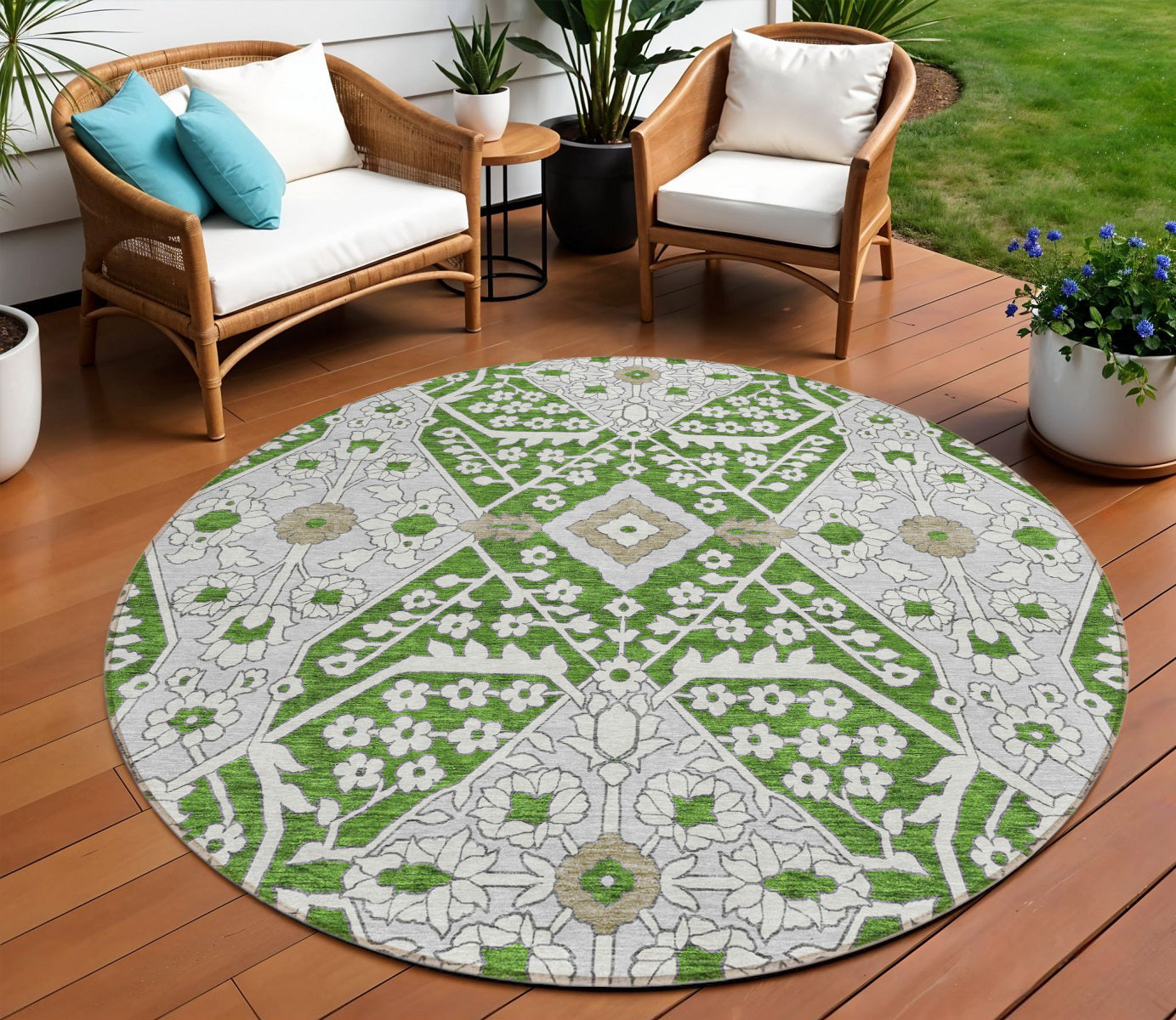 8 Green Gray And Taupe Round Floral Washable Indoor Outdoor Area Rug