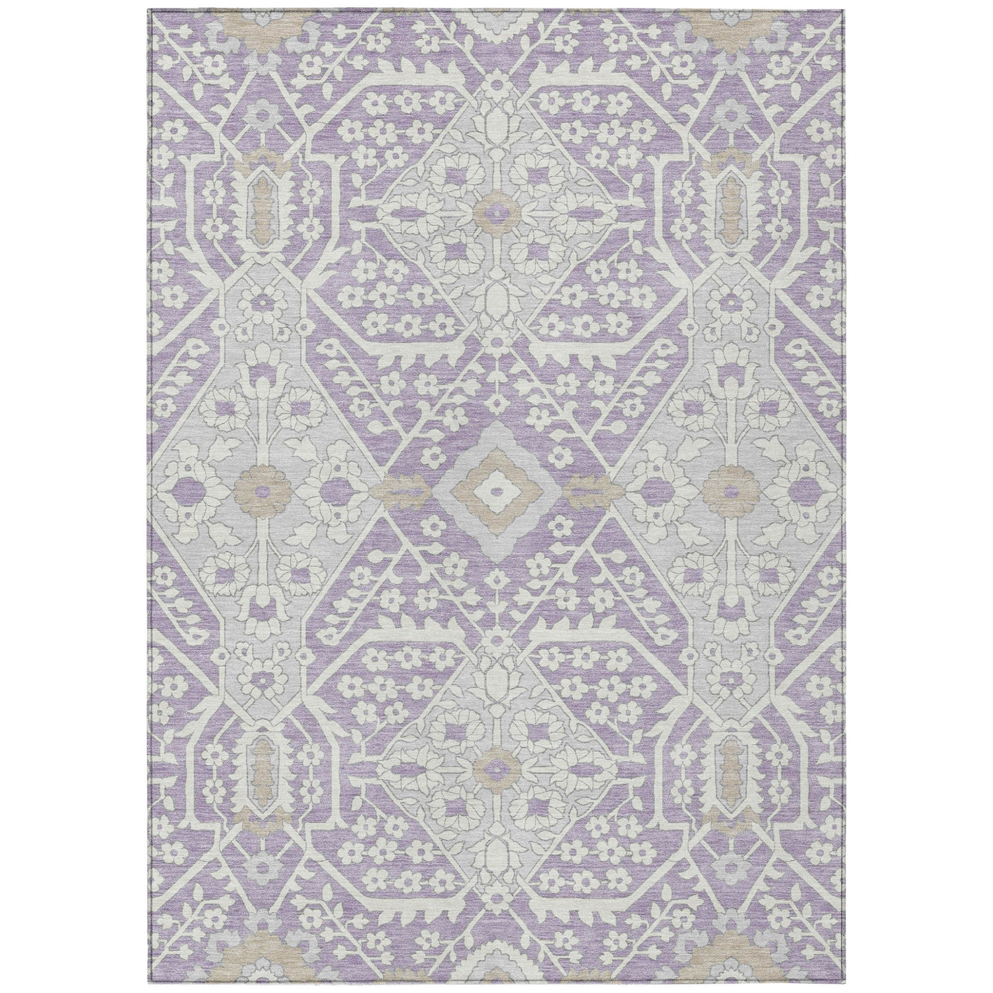 5 X 8 Lavender Gray And Beige Floral Washable Indoor Outdoor Area Rug