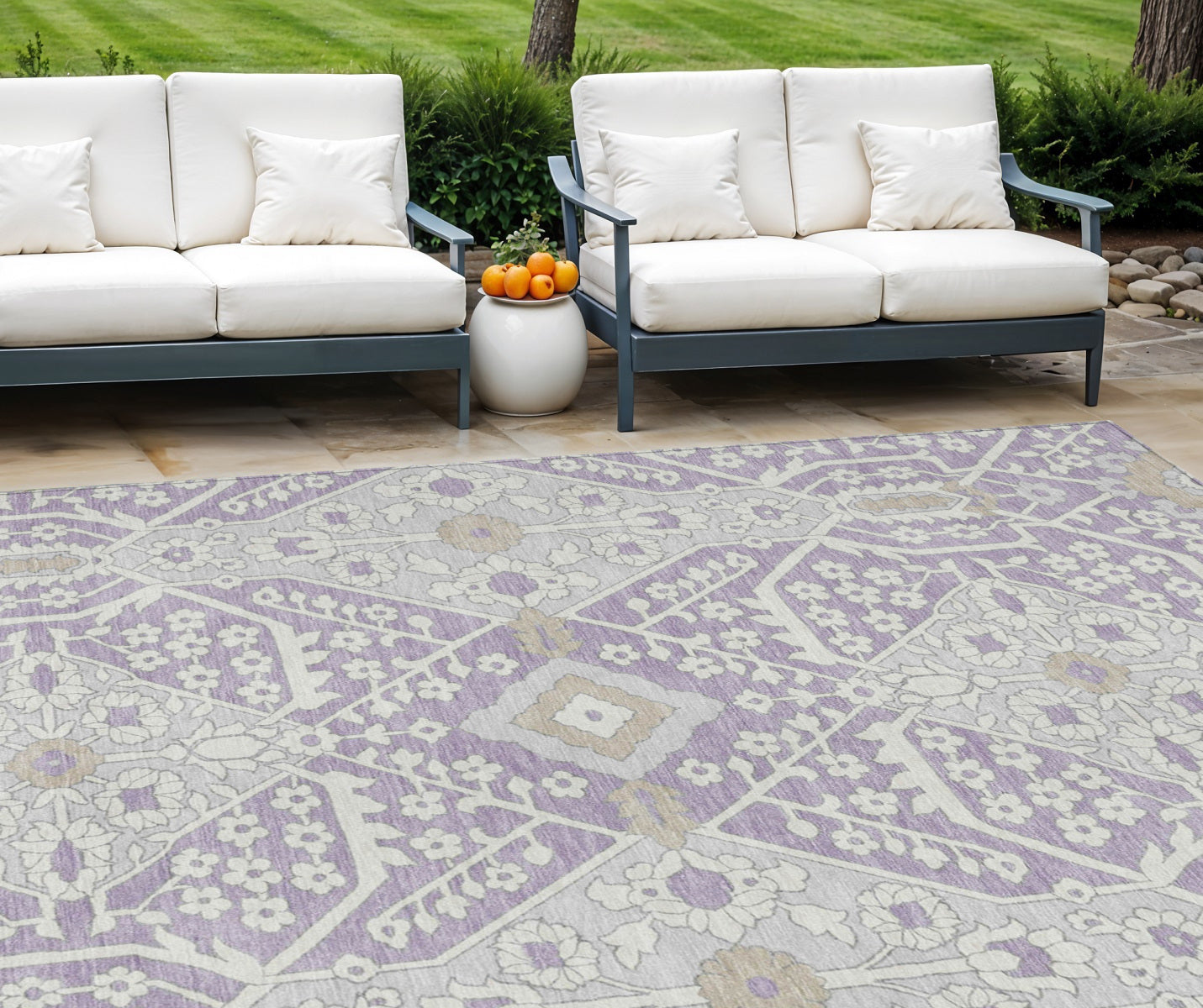 9 X 12 Lavender Gray And Beige Floral Washable Indoor Outdoor Area Rug