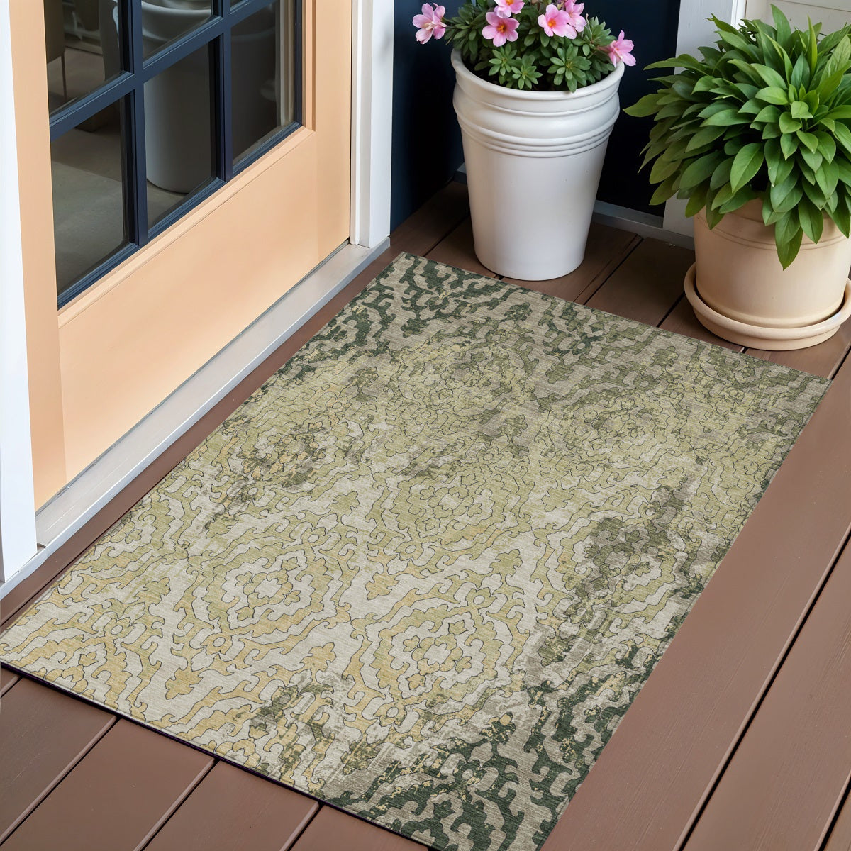 3 X 5 Artichoke Green And Beige Medallion Washable Indoor Outdoor Area Rug