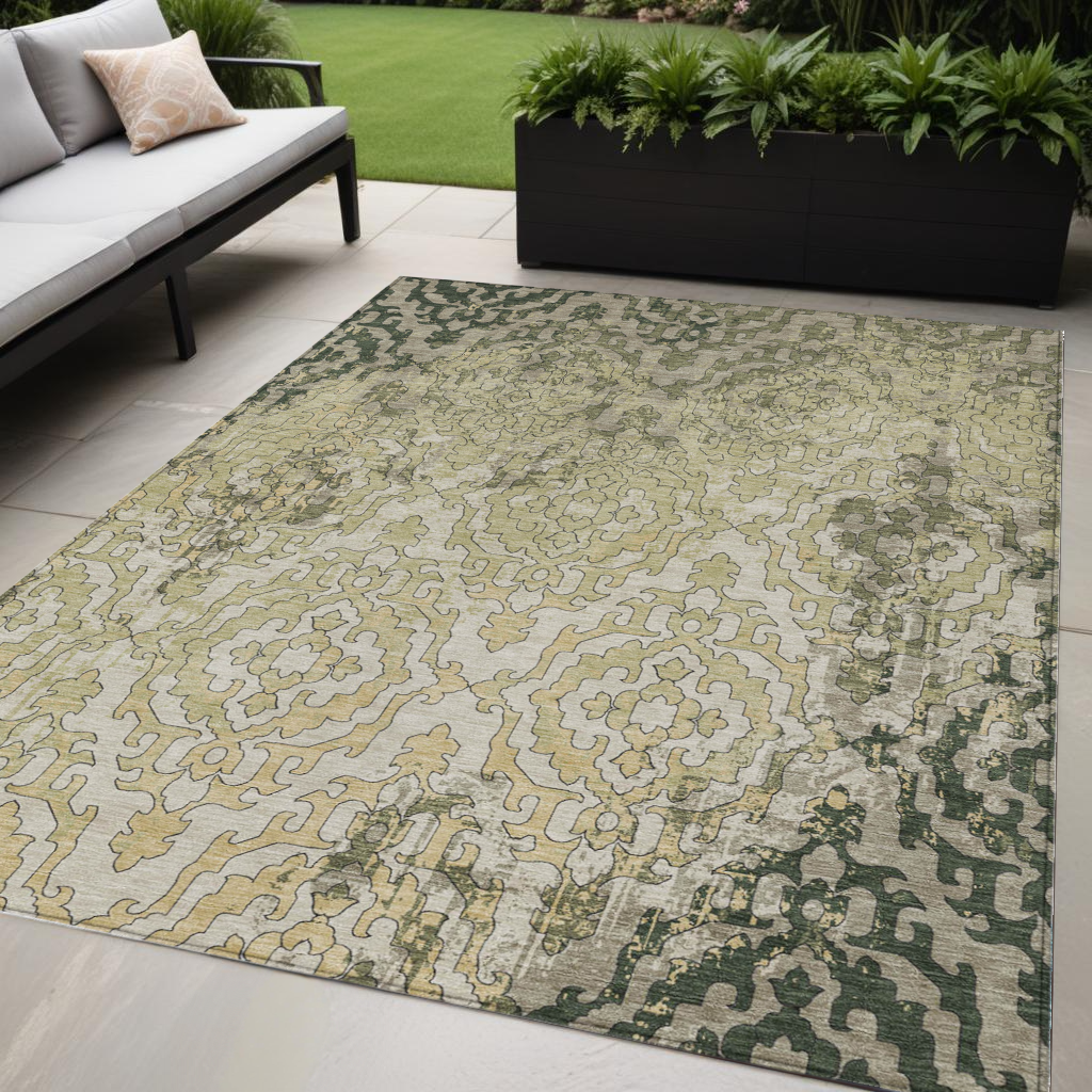 5 X 8 Artichoke Green And Beige Medallion Washable Indoor Outdoor Area Rug