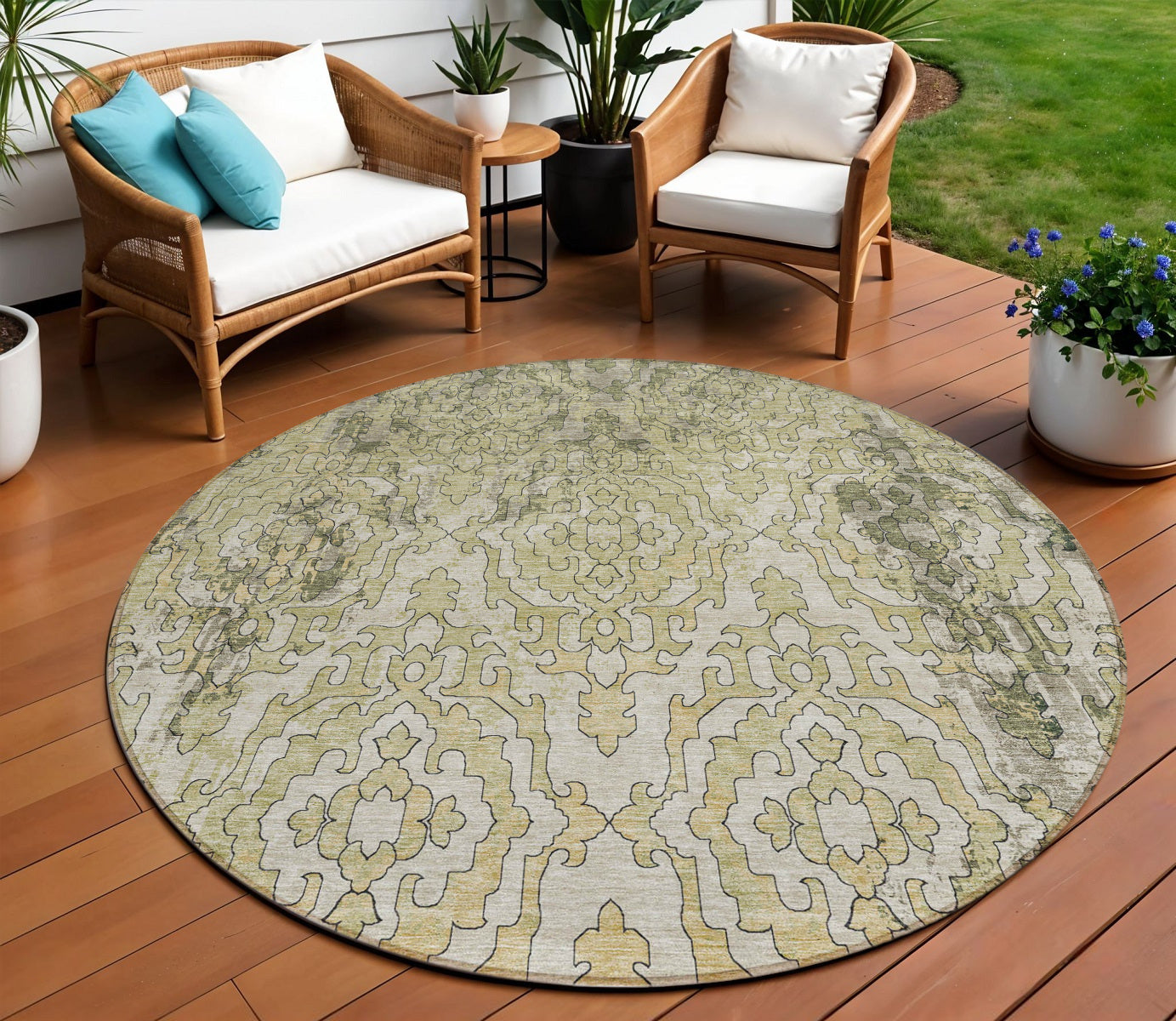 8 Artichoke Green And Beige Round Medallion Washable Indoor Outdoor Area Rug