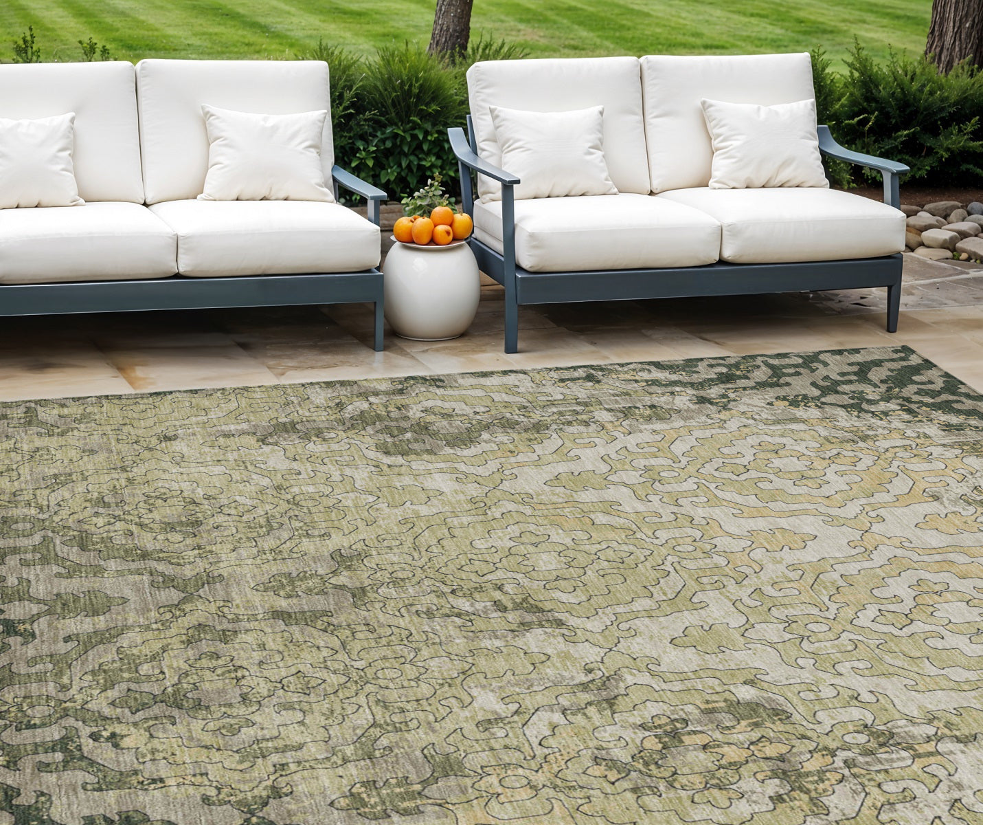 9 X 12 Artichoke Green And Beige Medallion Washable Indoor Outdoor Area Rug