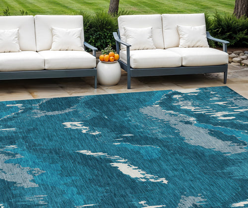 10 X 14 Navy Blue And Teal Blue Abstract Washable Indoor Outdoor Area Rug