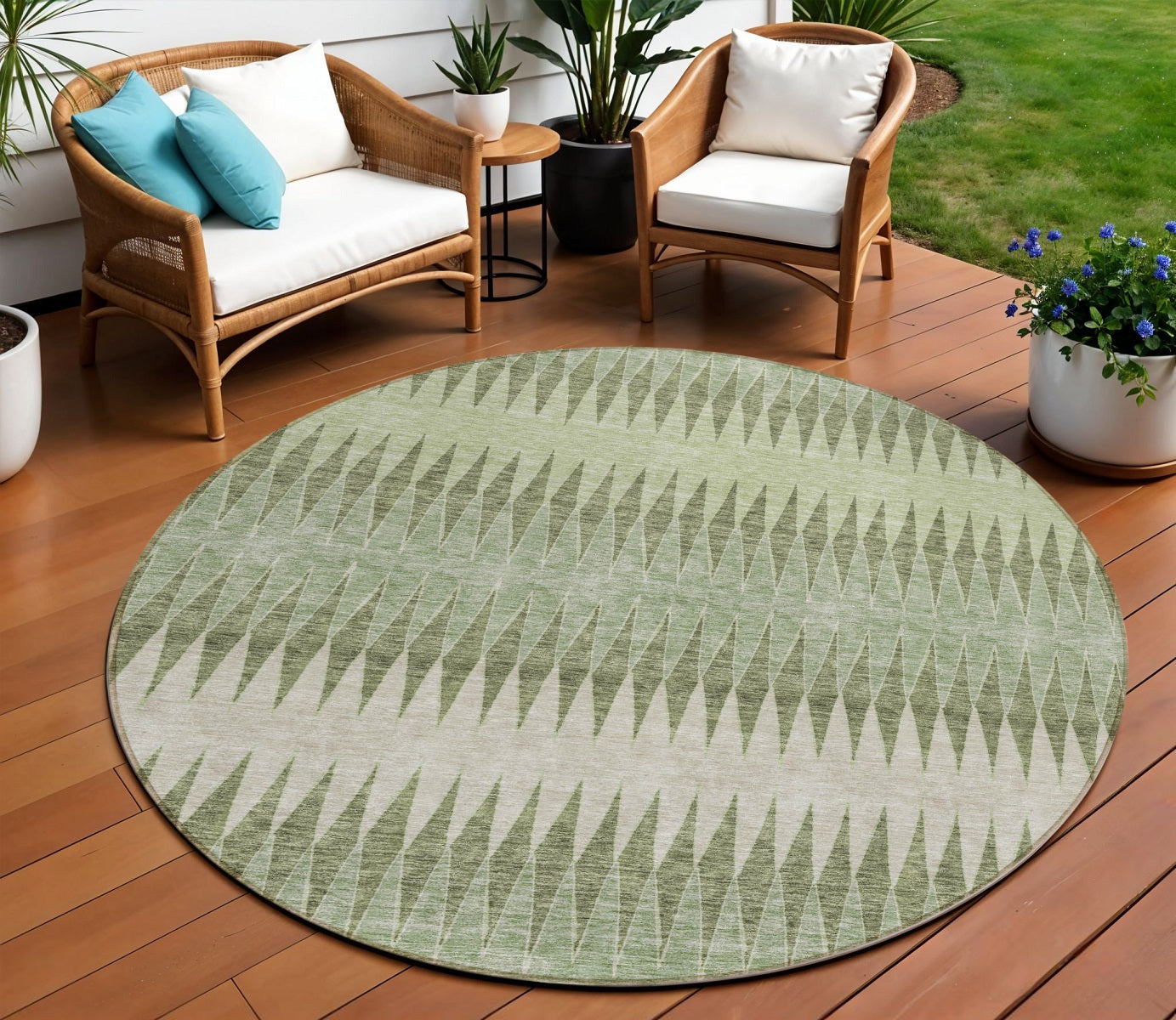 8 Artichoke Green And Light Green Round Striped Washable Indoor Outdoor Area Rug