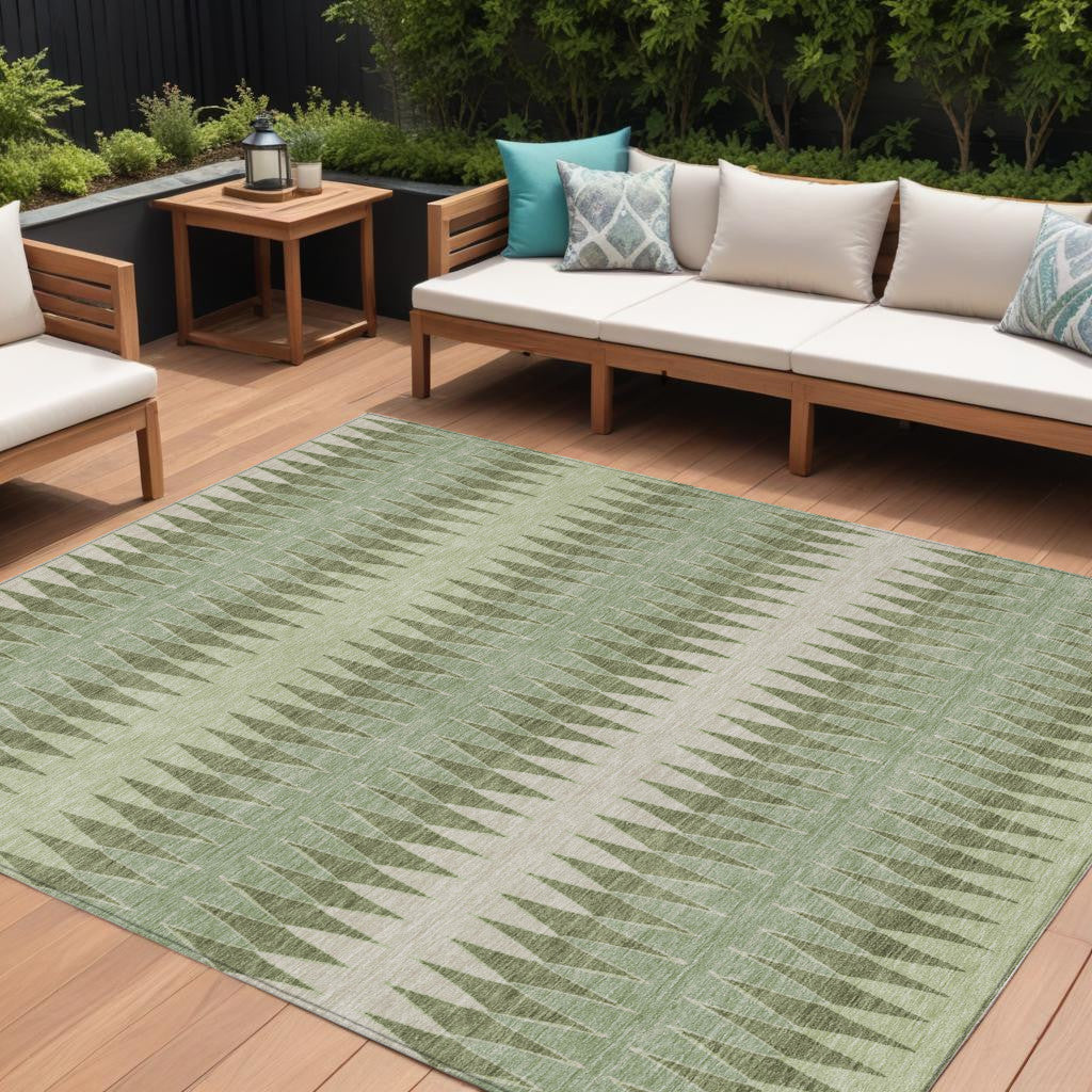 10 X 14 Artichoke Green And Light Green Striped Washable Indoor Outdoor Area Rug