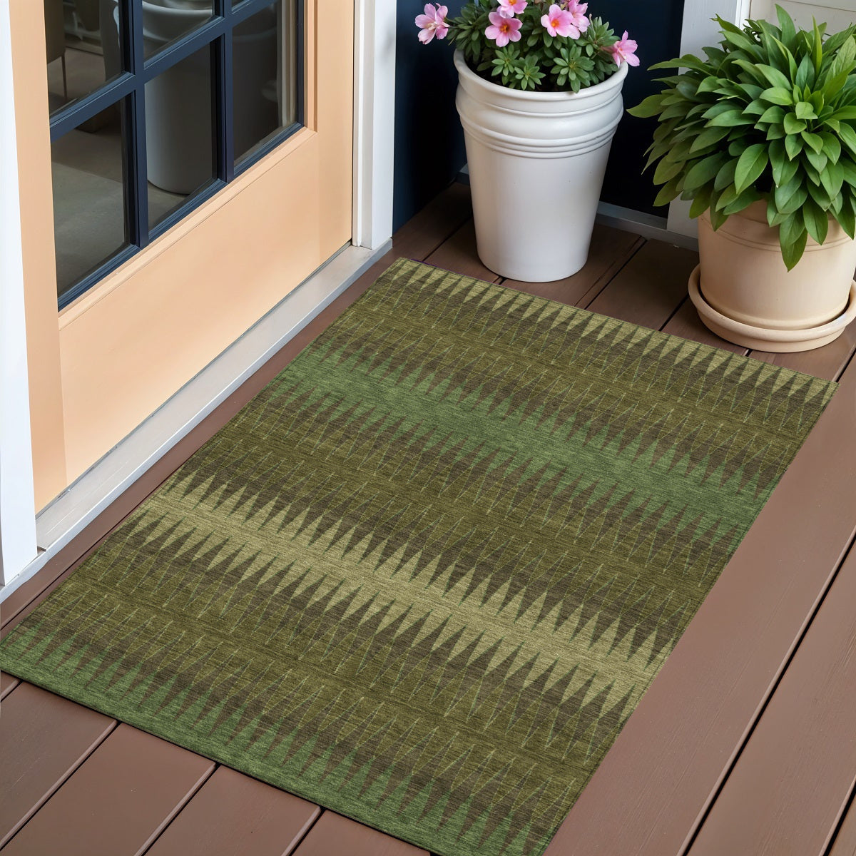 3 X 5 Olive Green And Dark Green Striped Washable Indoor Outdoor Area Rug