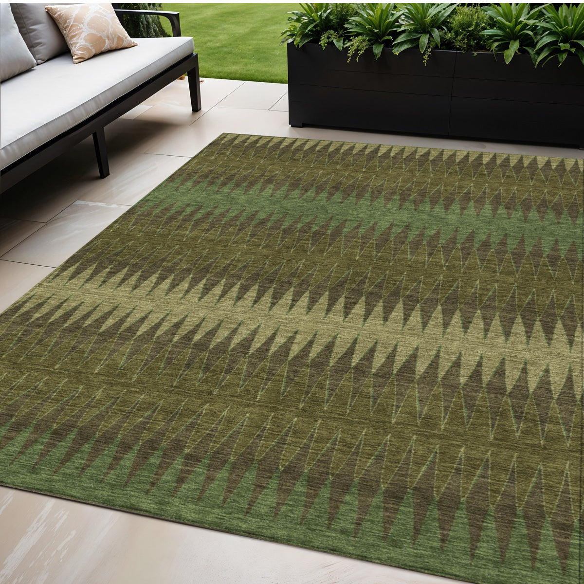 5 X 8 Olive Green And Dark Green Striped Washable Indoor Outdoor Area Rug