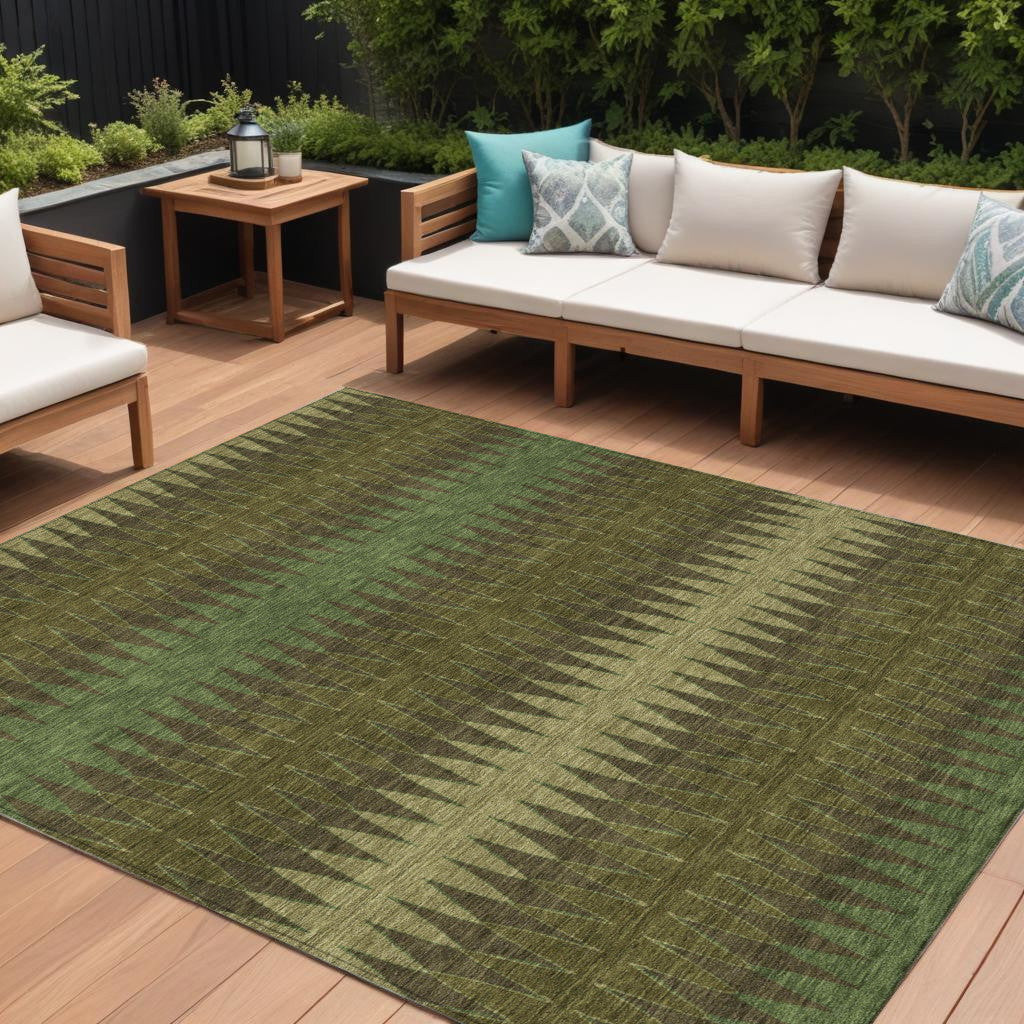 10 X 14 Olive Green And Dark Green Striped Washable Indoor Outdoor Area Rug