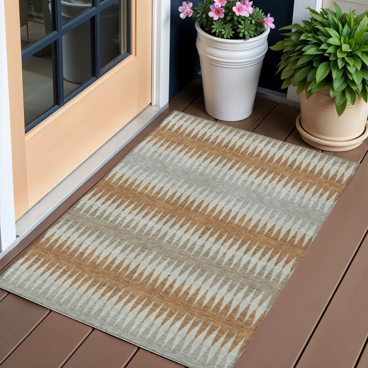 3 X 5 Orange Gray And Beige Striped Washable Indoor Outdoor Area Rug