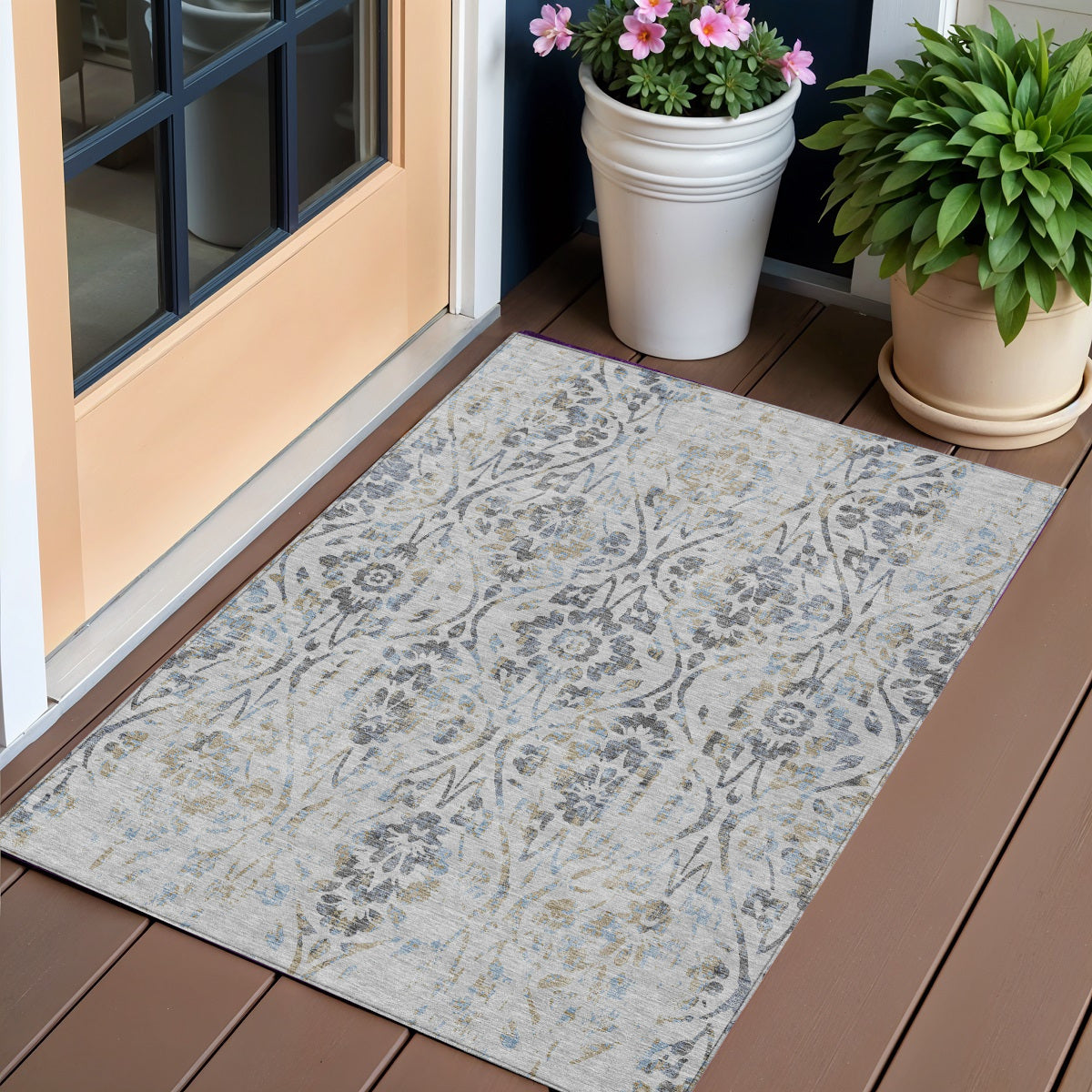 3 X 5 Gray Black And Green Floral Washable Indoor Outdoor Area Rug