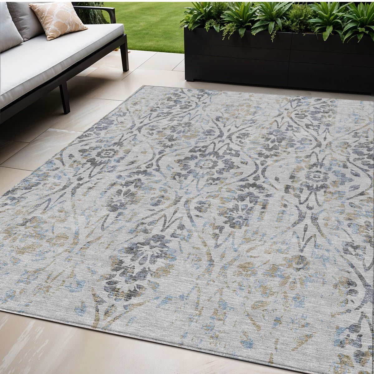 5 X 8 Gray Black And Green Floral Washable Indoor Outdoor Area Rug