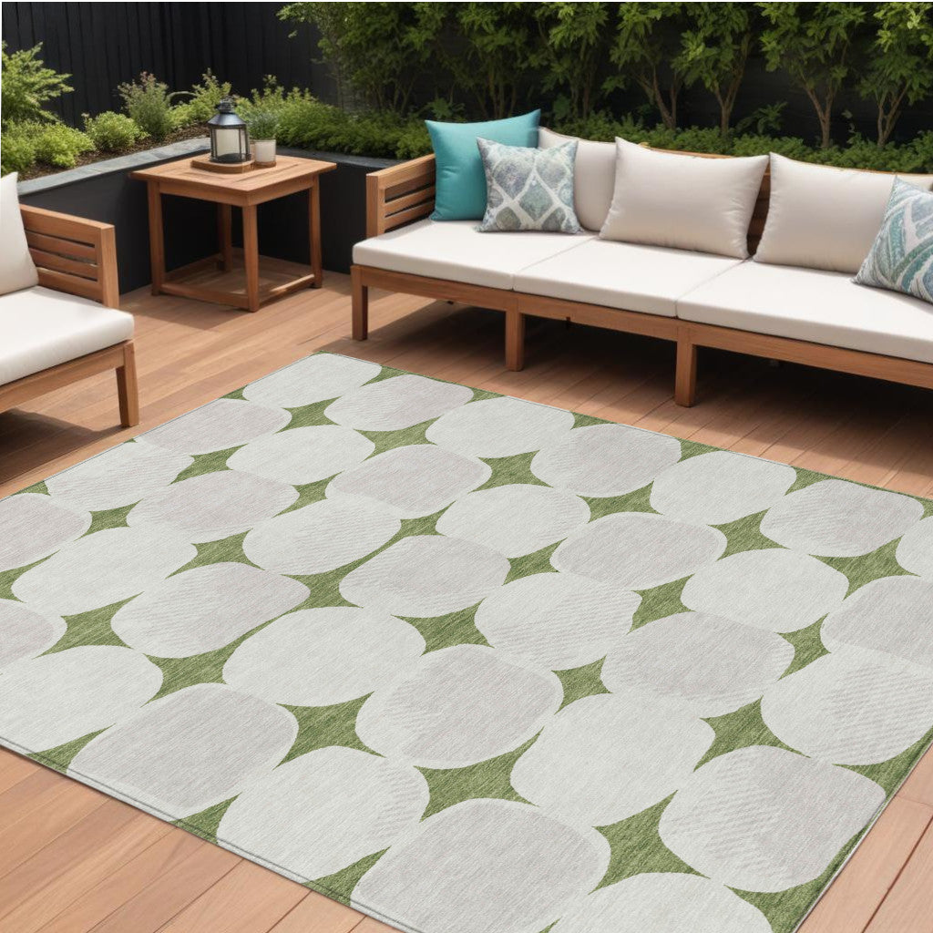 10 X 14 Green And Beige Abstract Washable Indoor Outdoor Area Rug