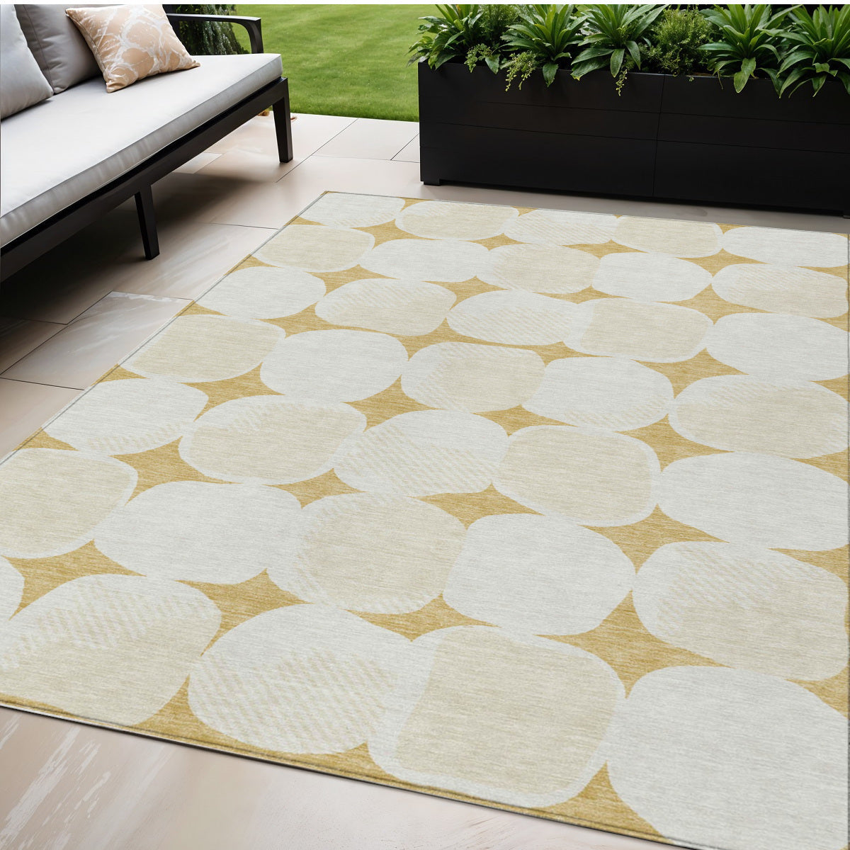 5 X 8 Gold And Beige Abstract Washable Indoor Outdoor Area Rug