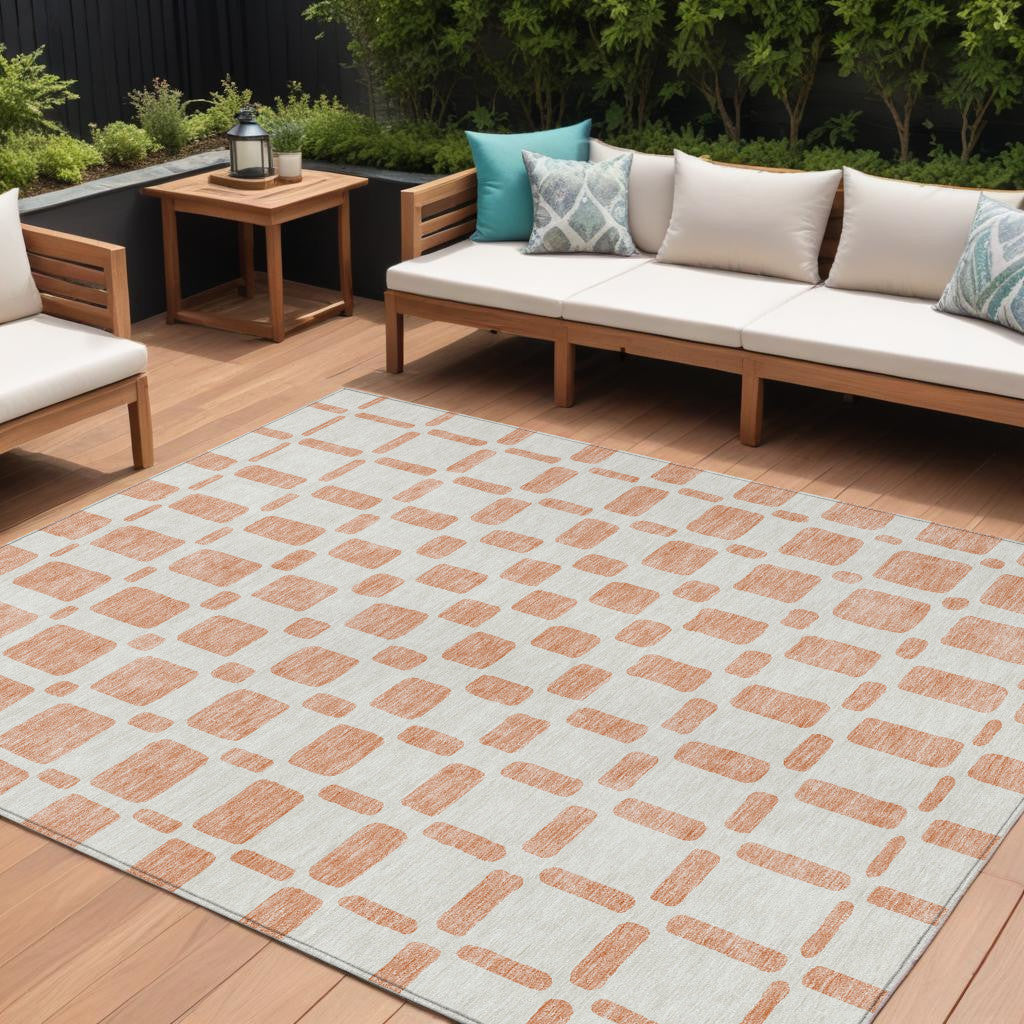 10 X 14 Peach And Beige Geometric Washable Indoor Outdoor Area Rug
