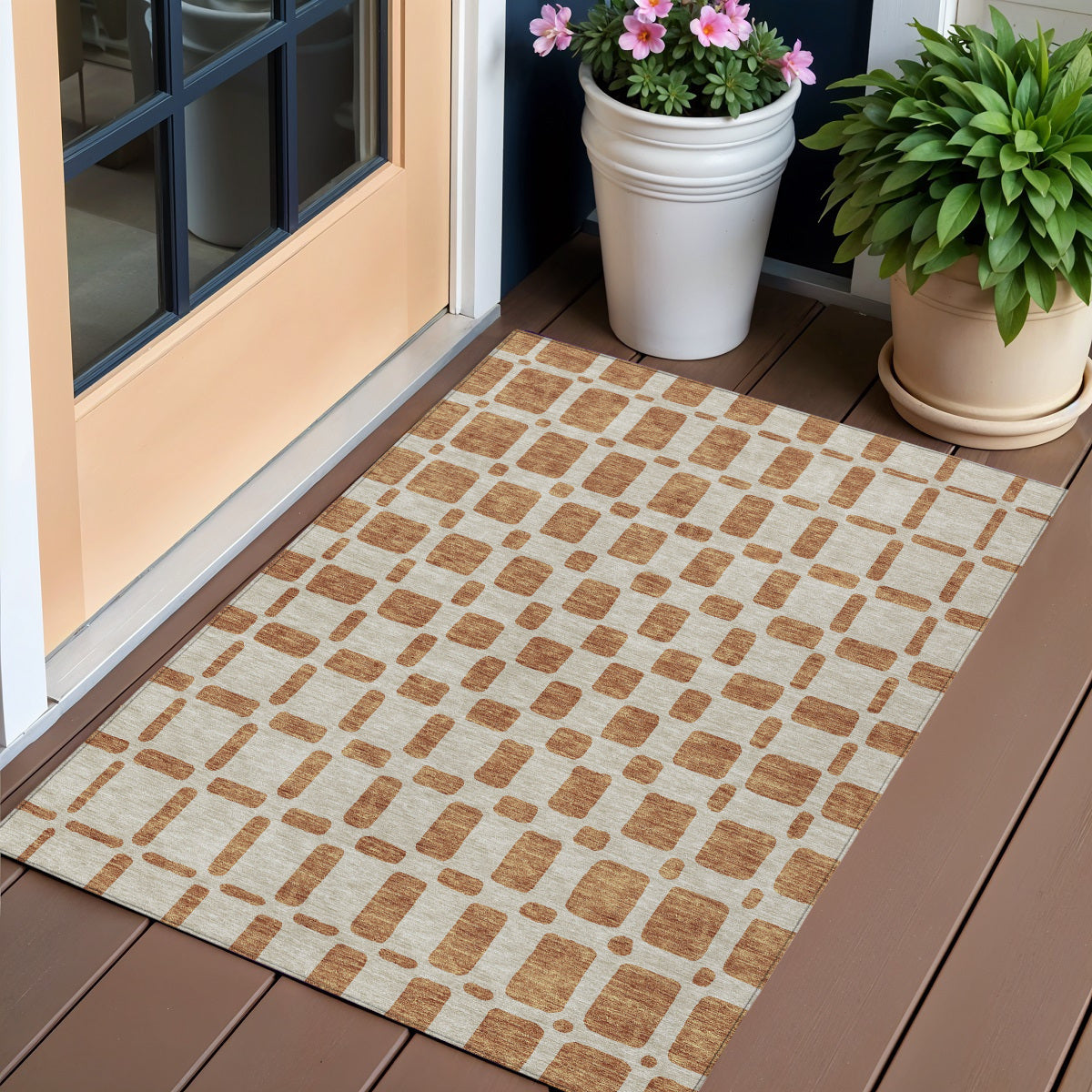 3 X 5 Terra Cotta And Beige Geometric Washable Indoor Outdoor Area Rug