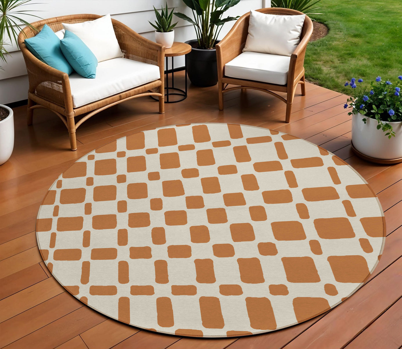 8 Terra Cotta And Beige Round Geometric Washable Indoor Outdoor Area Rug