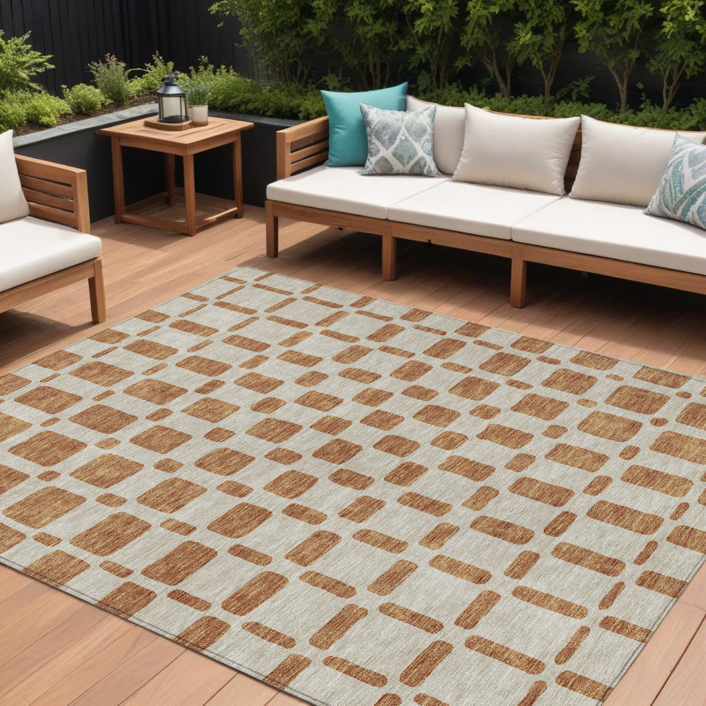 8 X 10 Terra Cotta And Beige Geometric Washable Indoor Outdoor Area Rug
