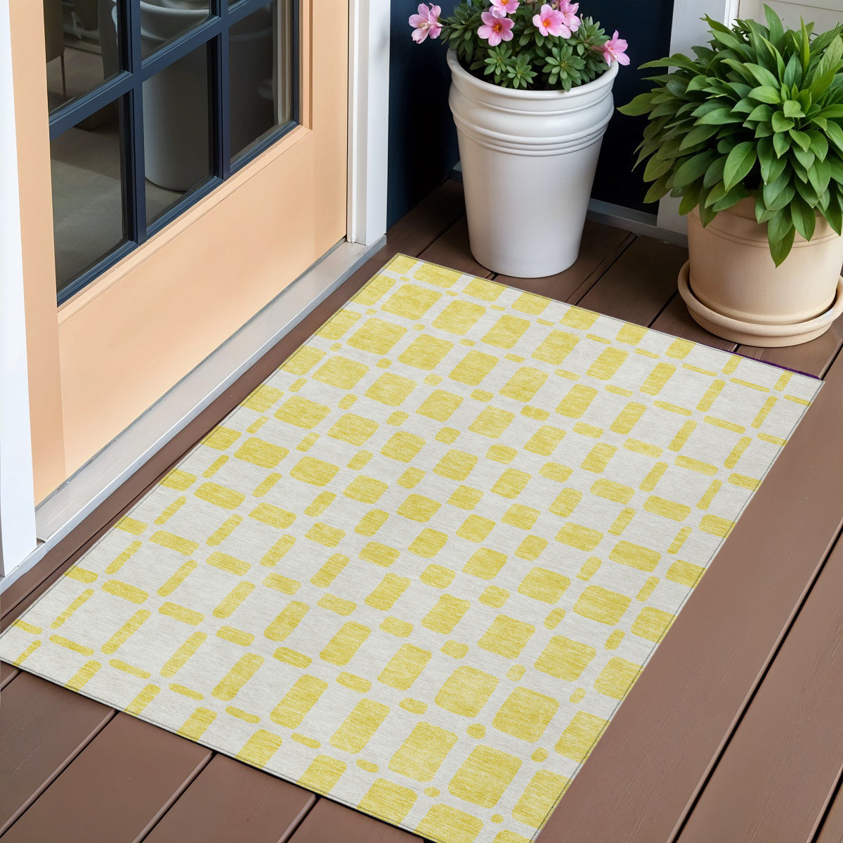 3 X 5 Yellow And Gray Geometric Washable Indoor Outdoor Area Rug