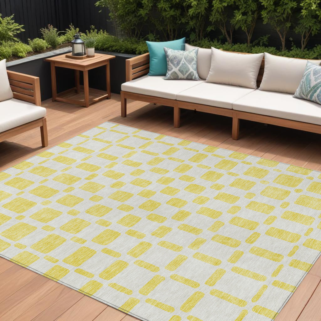 9 X 12 Yellow And Gray Geometric Washable Indoor Outdoor Area Rug