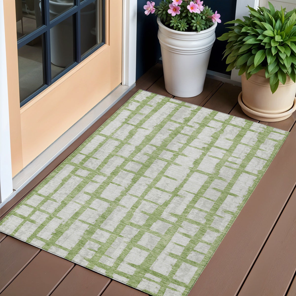 3 X 5 Green And Gray Striped Washable Indoor Outdoor Area Rug