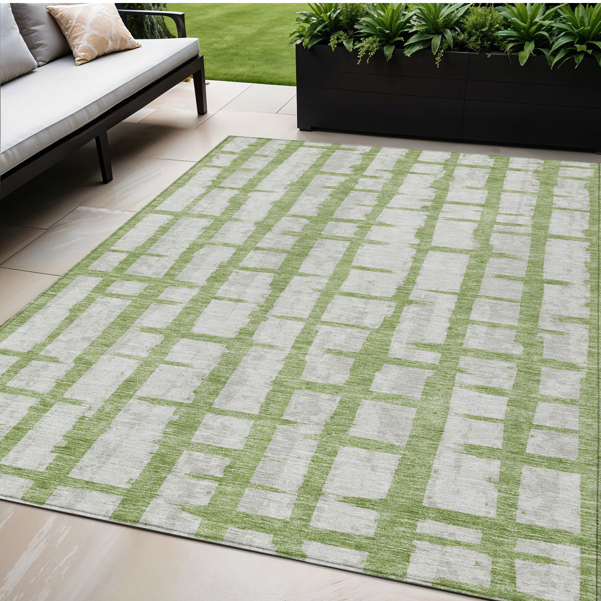 5 X 8 Green And Gray Striped Washable Indoor Outdoor Area Rug