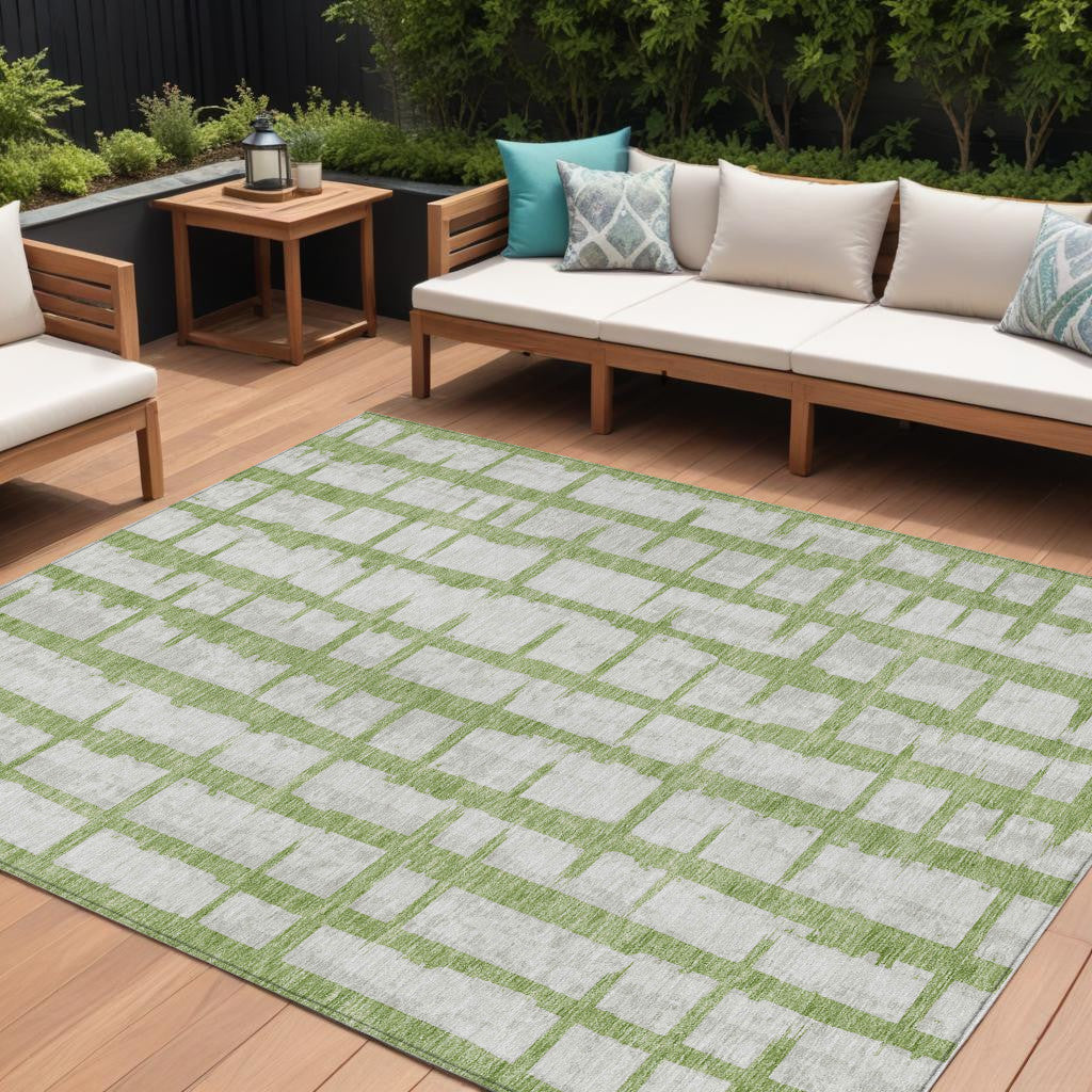 9 X 12 Green And Gray Striped Washable Indoor Outdoor Area Rug