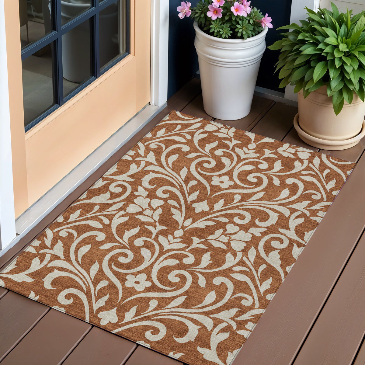 3 X 5 Brown And Beige Floral Washable Indoor Outdoor Area Rug