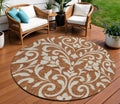 8 Brown And Beige Round Floral Washable Indoor Outdoor Area Rug