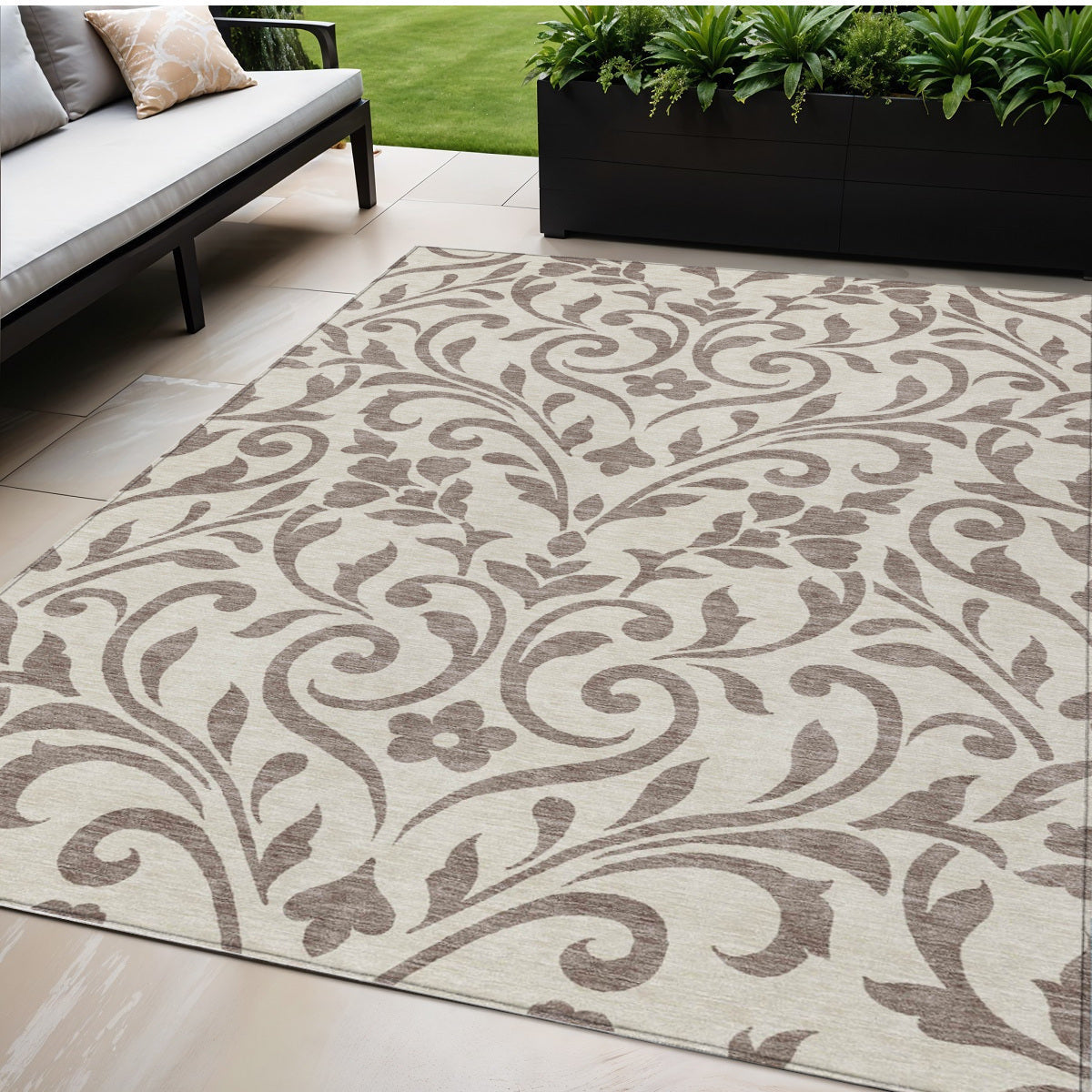 5 X 8 Taupe Floral Washable Indoor Outdoor Area Rug