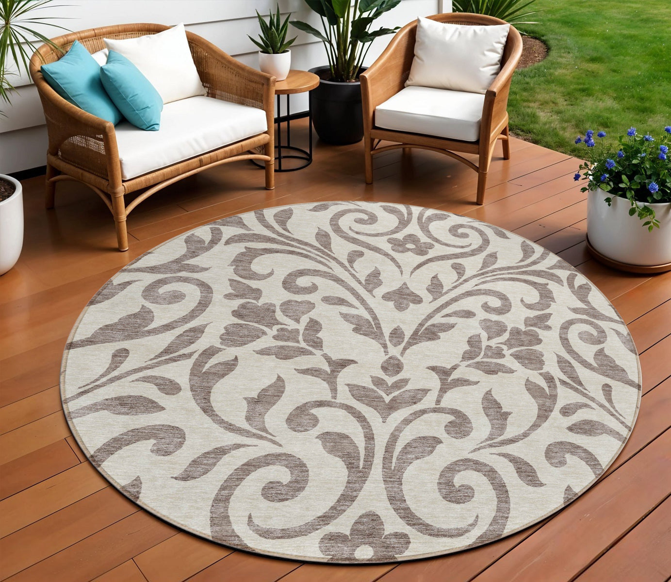 8 Taupe Round Floral Washable Indoor Outdoor Area Rug