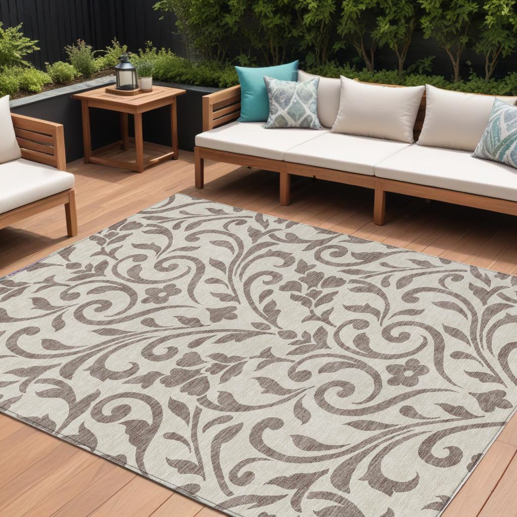 8 X 10 Taupe Floral Washable Indoor Outdoor Area Rug